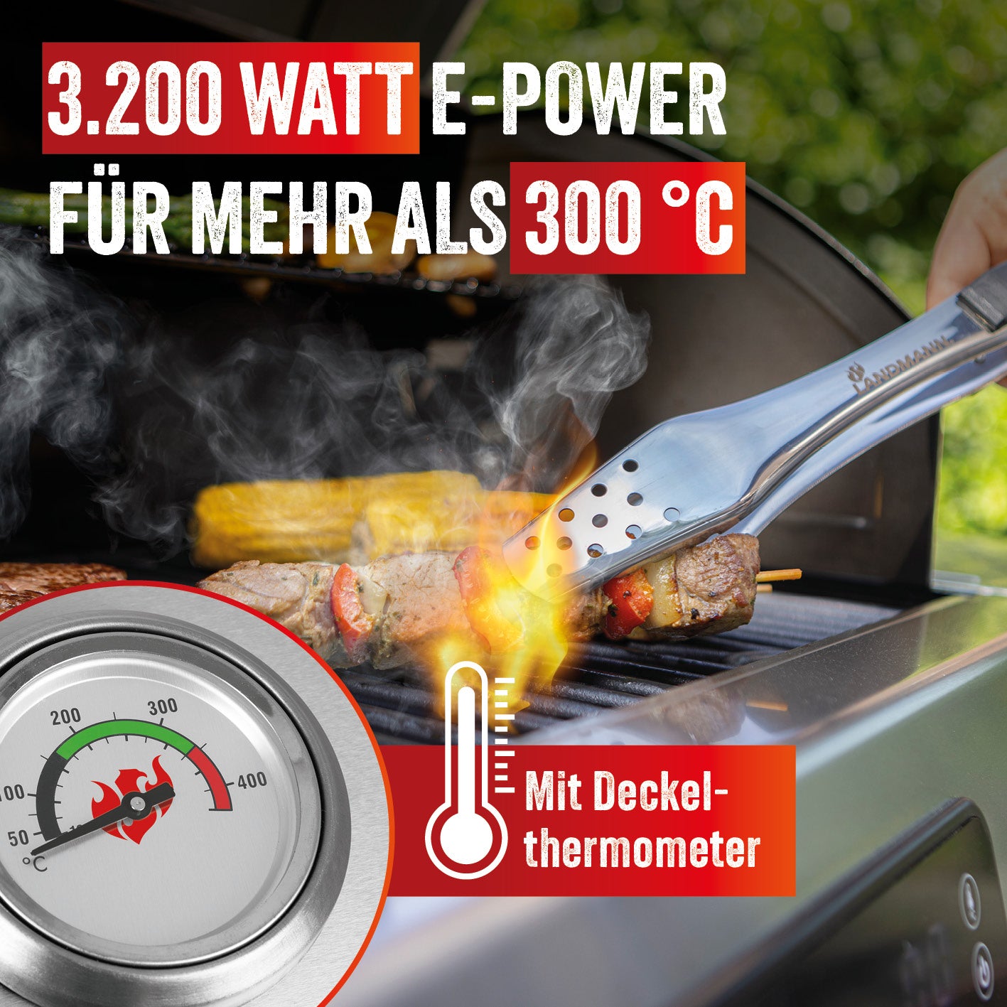 VOLTRIS Elektro-Grillwagen - Edelstahl mit 3200 Watt, Deckelthermometer und Grilltemperatur bis über 300 °C.