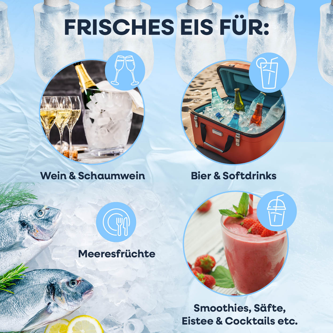 Eiswürfelmaschine inkl. Auffangbehälter & Eisschaufel für frisches Eis zu Getränken, Meeresfrüchten, Cocktails und mehr.