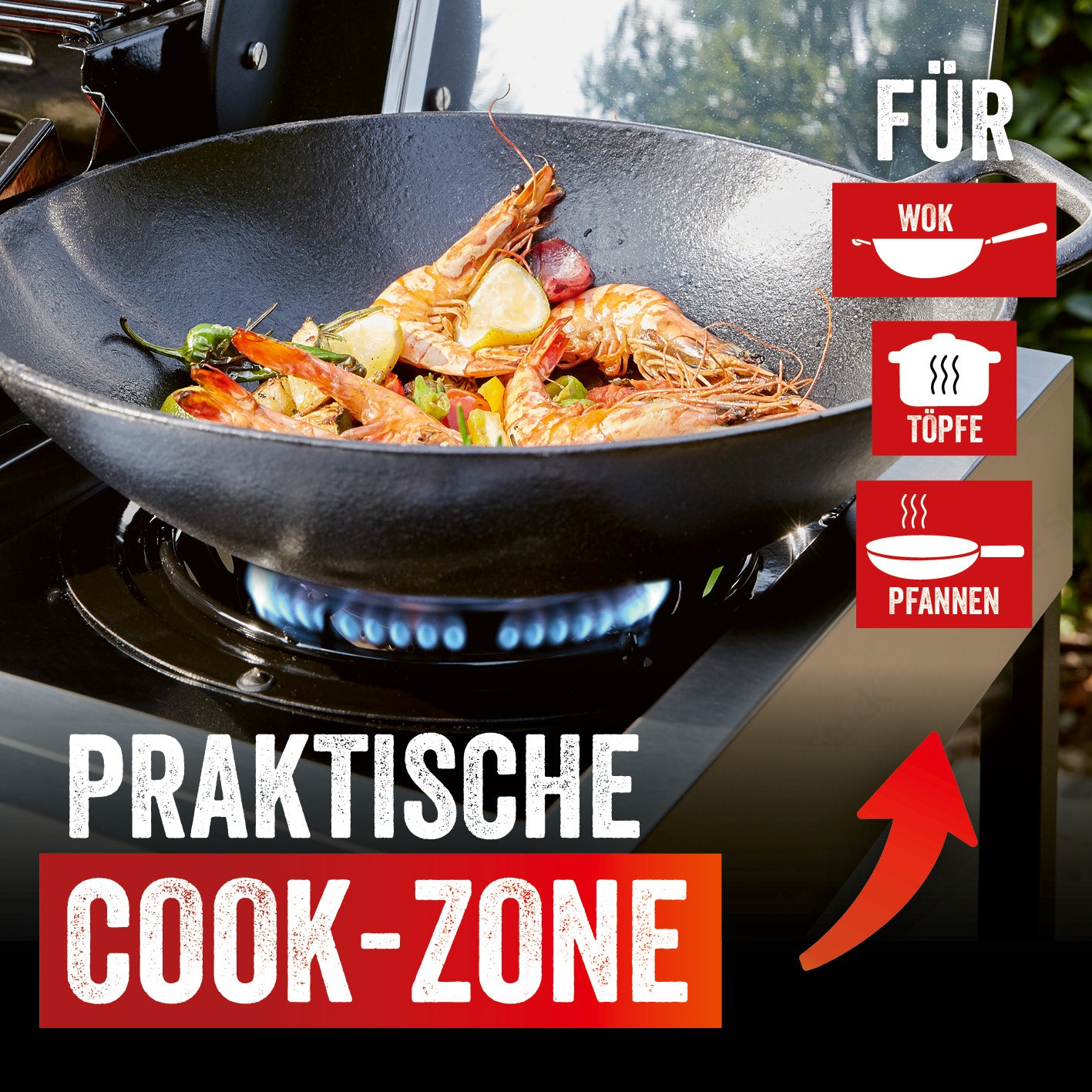 Gasgrill Rexon 6.1 cooK - Edelstahl mit praktischer Cook-Zone, seitlichem Brenner für Wok, Töpfe und Pfannen.