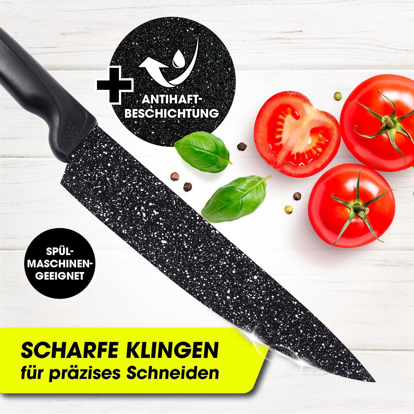 Messerset inkl. Sparschäler - 6-tlg. mit Antihaftbeschichtung und scharfen Klingen für präzises Schneiden in modernem Design.
