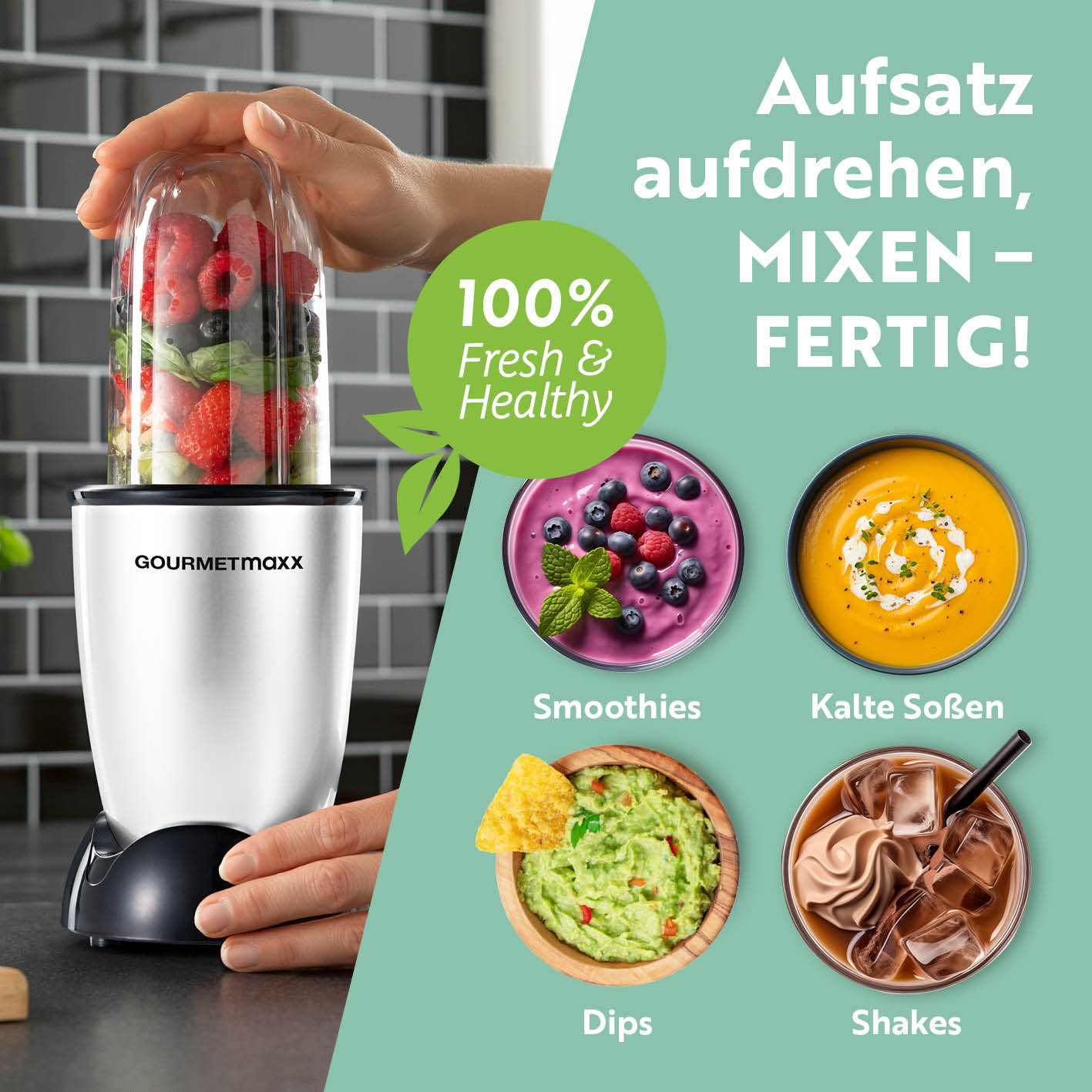 Mr. Magic Power 400 Pro mit Zubehörset XL - Silber/Schwarz kompakter Standmixer für Smoothies, Dips, Shakes und kalte Soßen mit Edelstahlaufsatz.