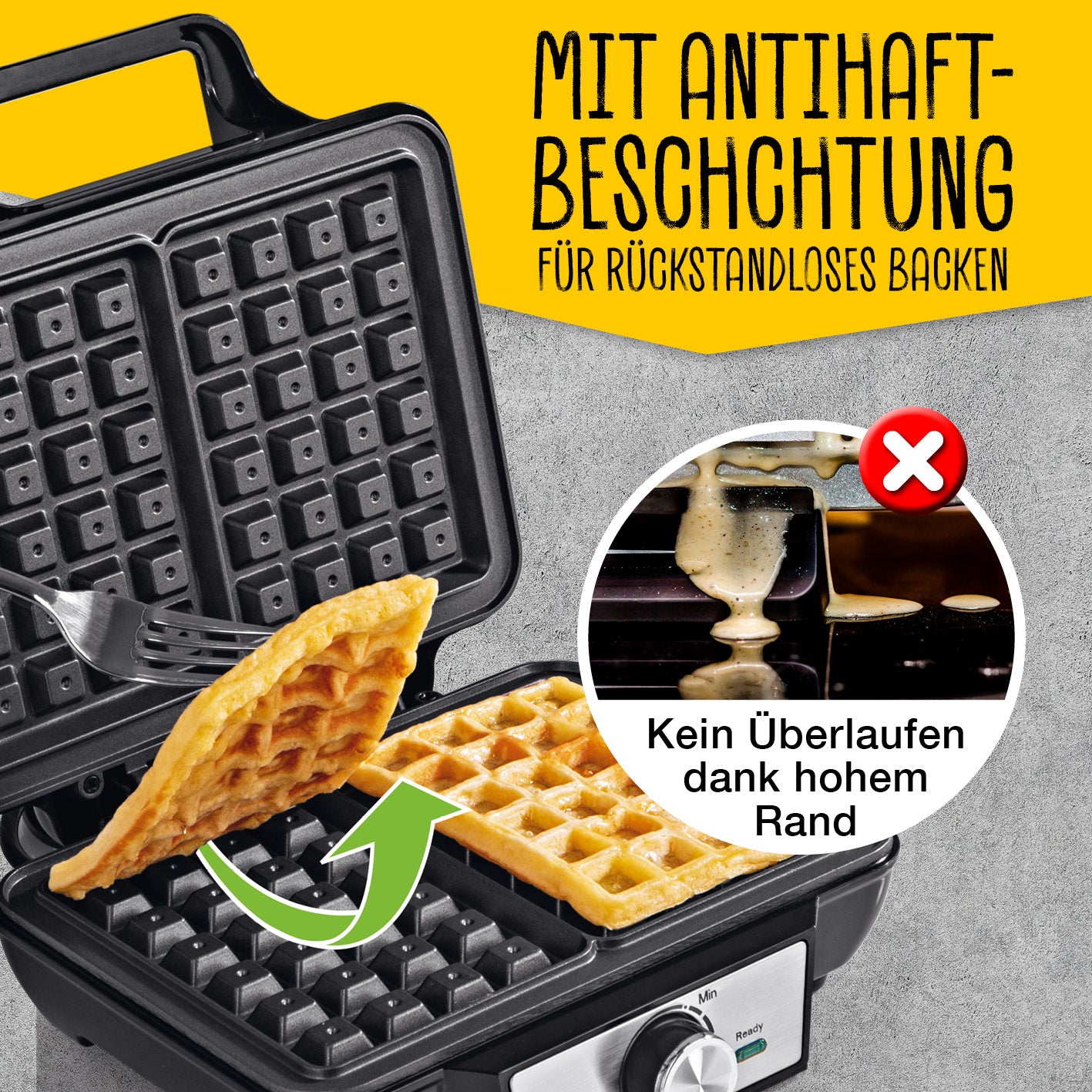Waffeleisen für Belgische Waffeln mit antihaftbeschichteten Platten und hohem Rand für rückstandsloses Backen ohne Überlaufen.