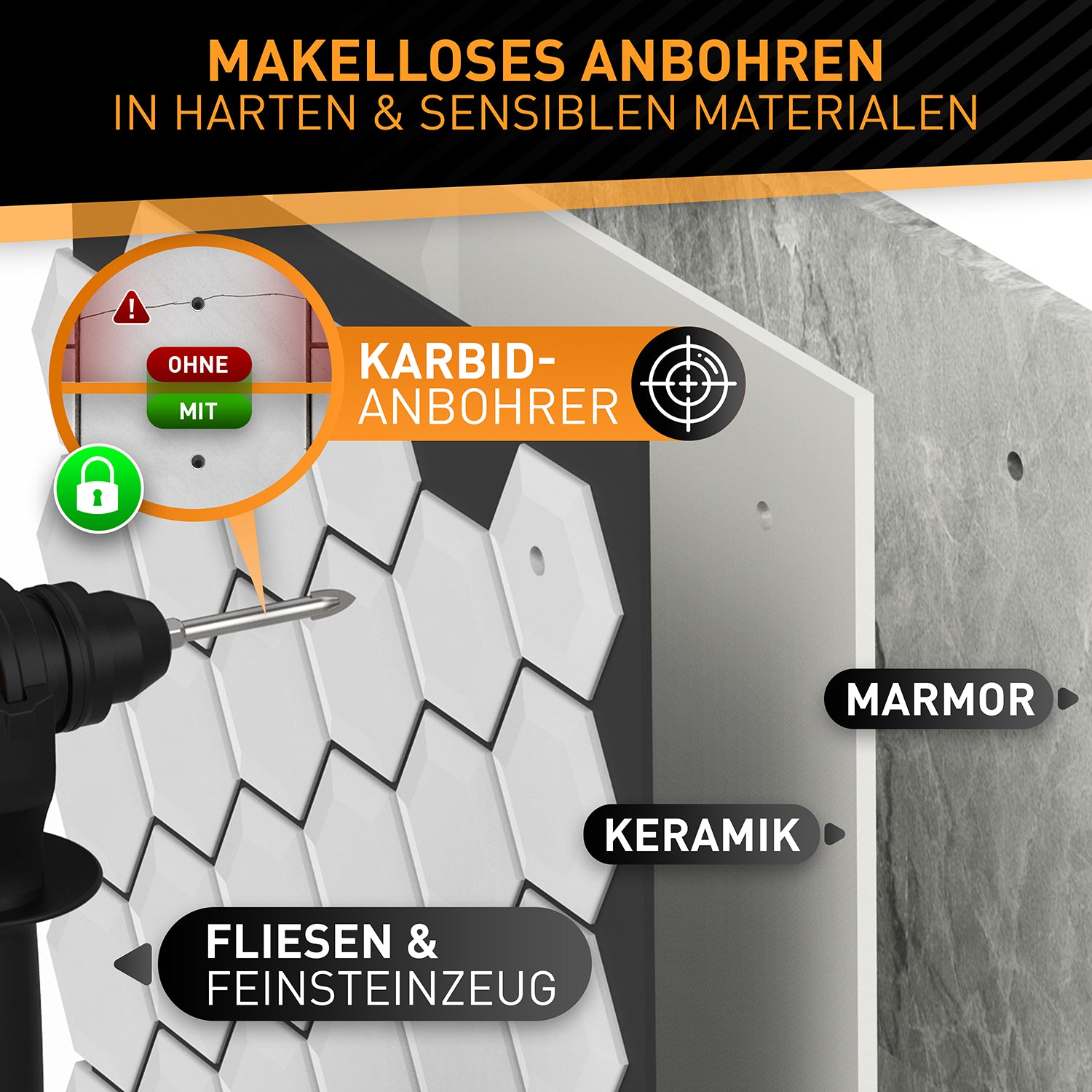 Fliesenbohrer Set 6-tlg. mit Karbid-Anbohrer für präzises Bohren in Marmor, Keramik, Fliesen und Feinsteinzeug.
