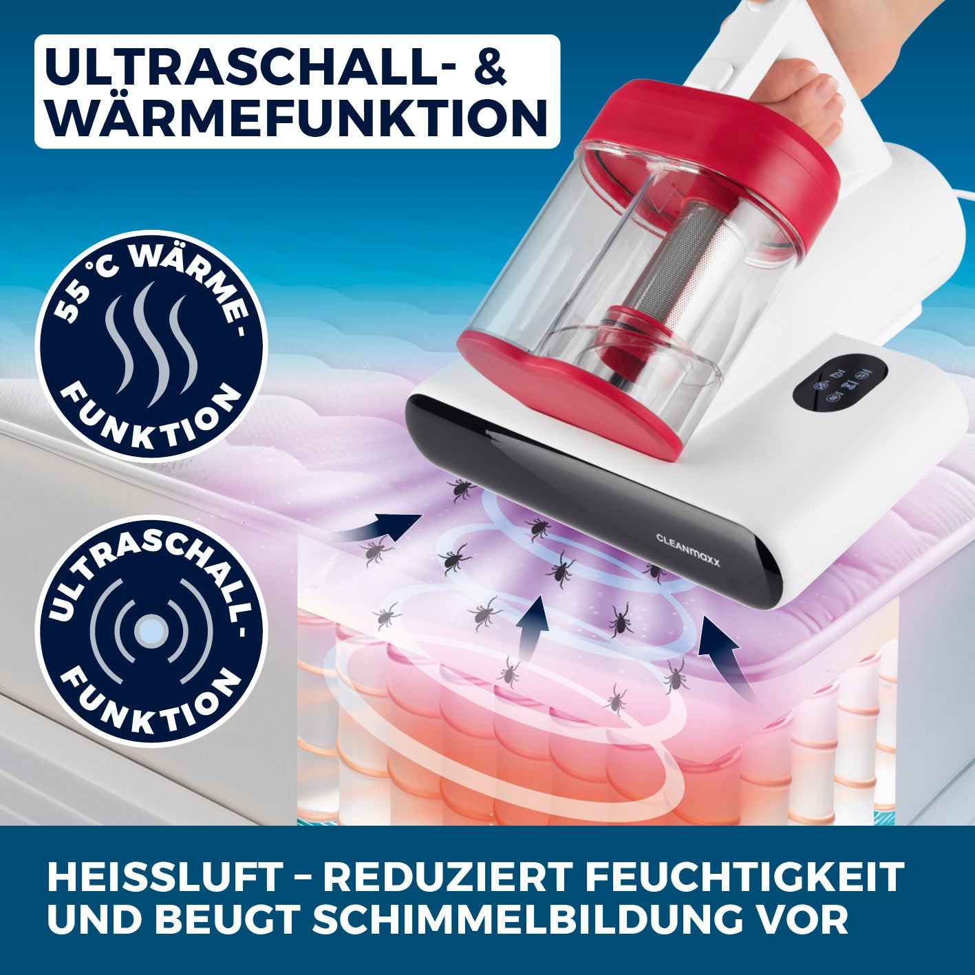 Milbensauger Rotation Rot/Weiß mit Ultraschall- und Wärmfunktion zur effektiven Milbenentfernung und Desinfektion textiler Oberflächen.