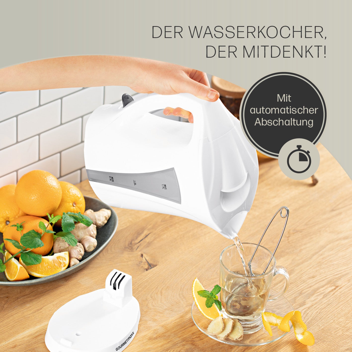 Wasserkocher mit Kalkfilter - 1,7l - weiß/grau mit automatischer Abschaltung und abnehmbarem Sockel für flexiblen Gebrauch.