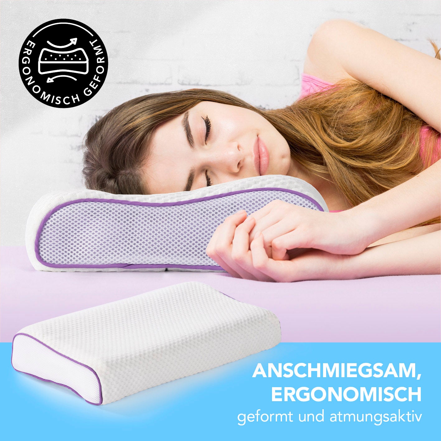 Frau schläft mit ergonomisch geformtem Gel-Nackenkissen Kissen mit atmungsaktiver Wabenstruktur für optimalen Nackensupport.