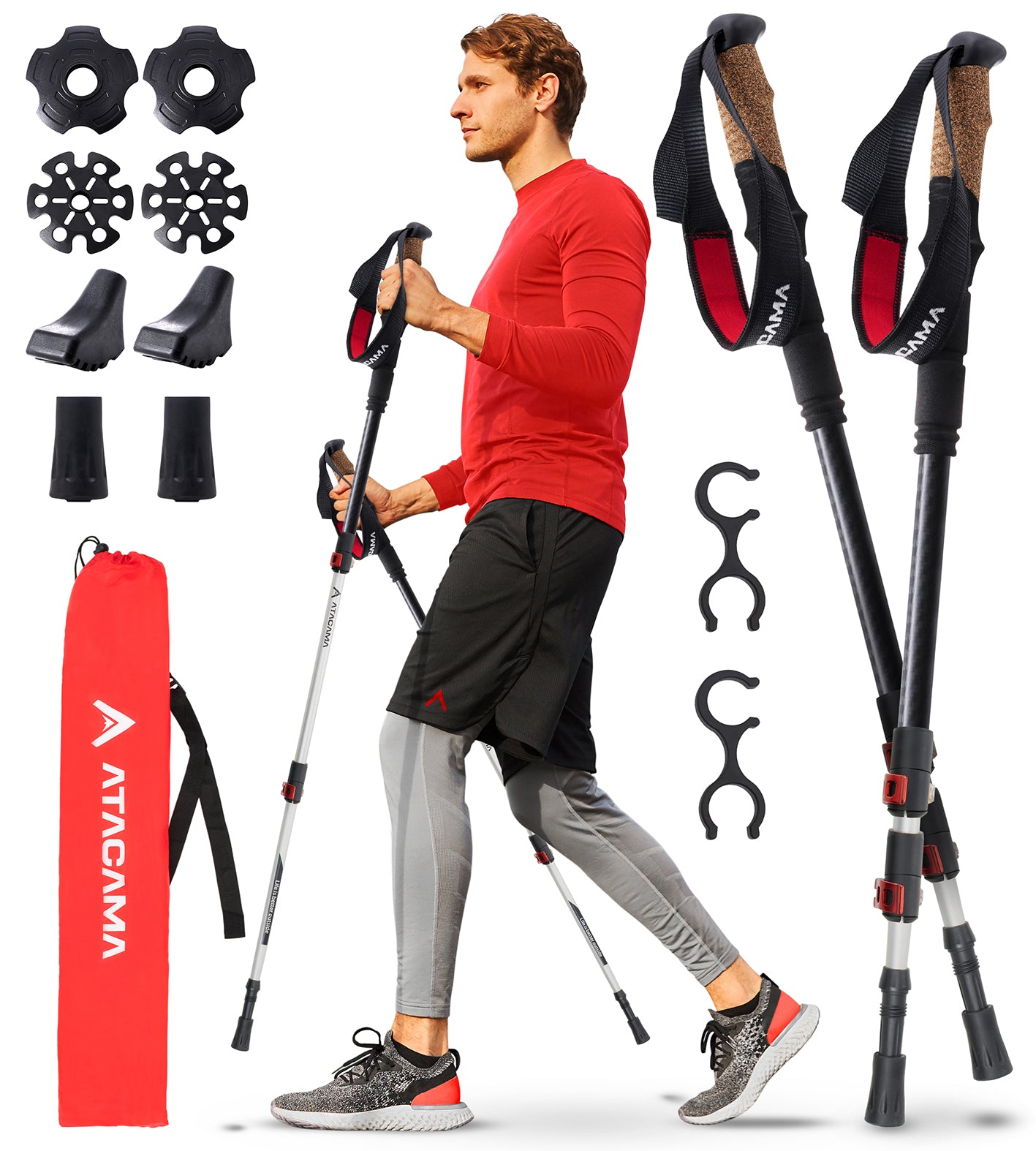 Teleskop Wanderstöcke - CarbonMix - 110 cm / 135 cm mit Zubehör, verstellbar, leicht, Korkgriff und Flip-Lock Verschluss für Trekking und Bergtouren.