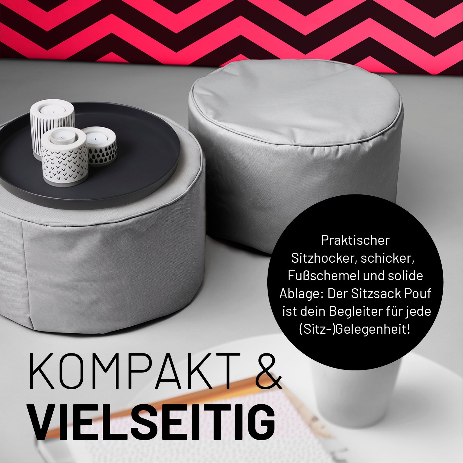 Sitzsack-Hocker/Pouf (50 L) Grau, modern, multifunktional als Sitzhocker, Ablage & Fußschemel, für indoor & outdoor, pflegeleicht und langlebig.