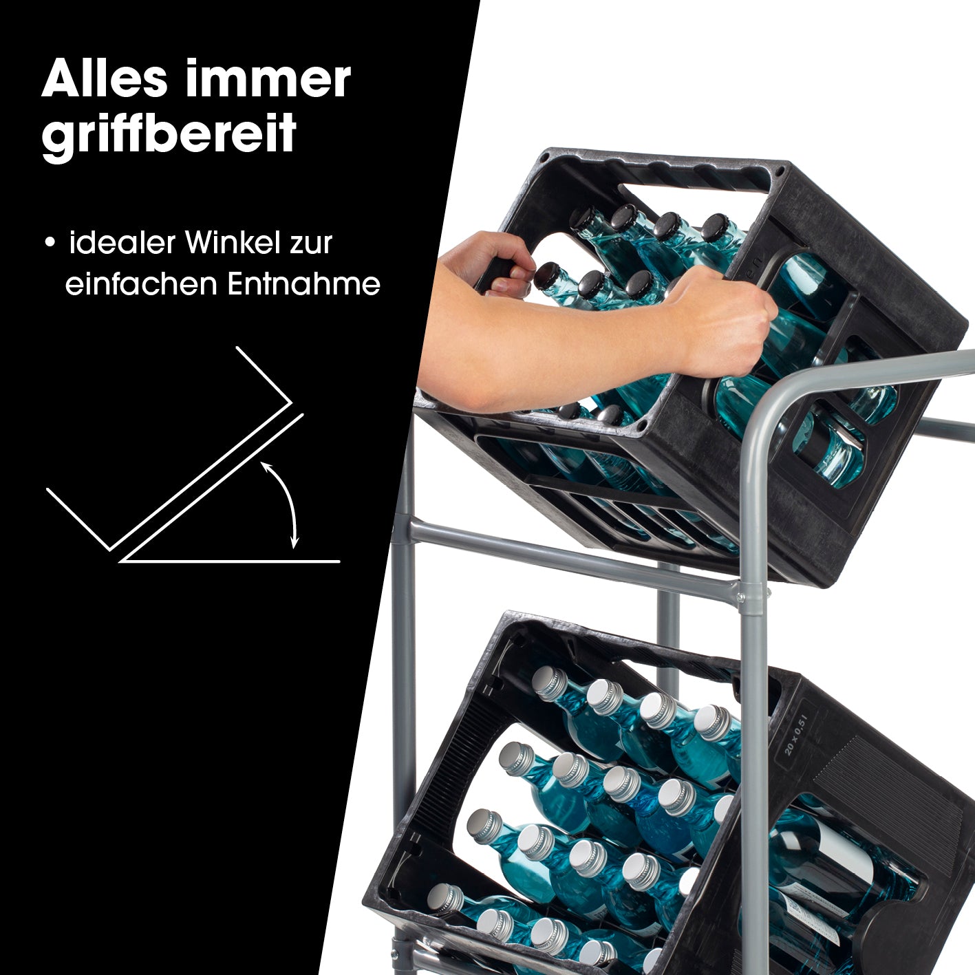 Metall Getränkekisten-Regal für 3 Kisten 127x50x34 cm mit stabilem Rahmen für einfache horizontale und vertikale Lagerung griffbereiter Getränkeflaschen.
