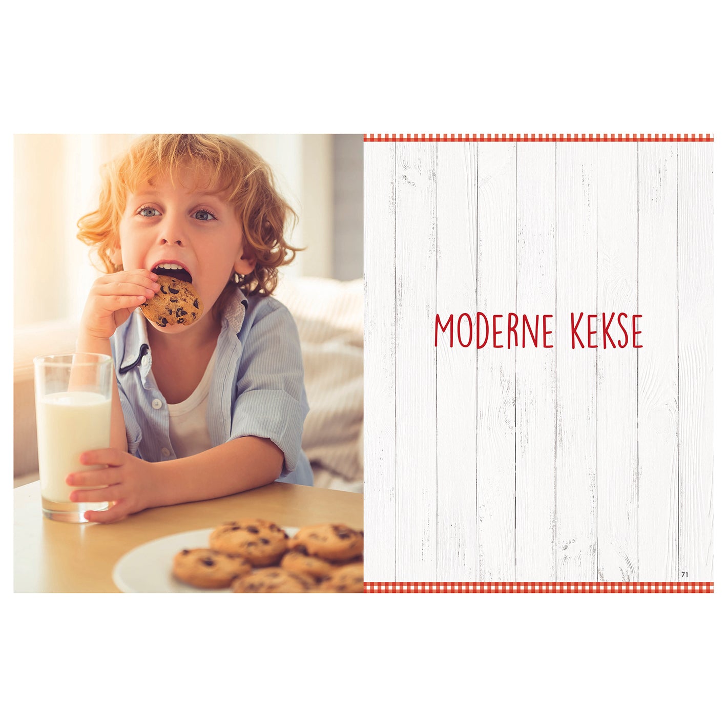 Kind isst Keks mit Milch neben Seite „Moderne Kekse“ aus Rezeptbuch (Ergänzungsexemplar ohne Messbecher) Band 3 - Plätzchen, Kekse, Cookies & Co.