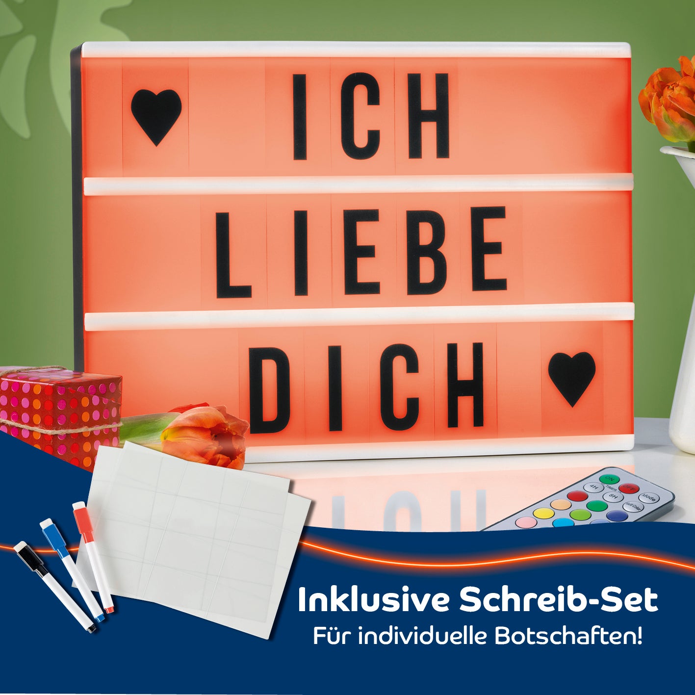 LED-Leuchtkasten mit 173 Buchstaben & Symbole inkl. Schreib-Set für individuelle Botschaften wie "Ich liebe dich" gestalten.