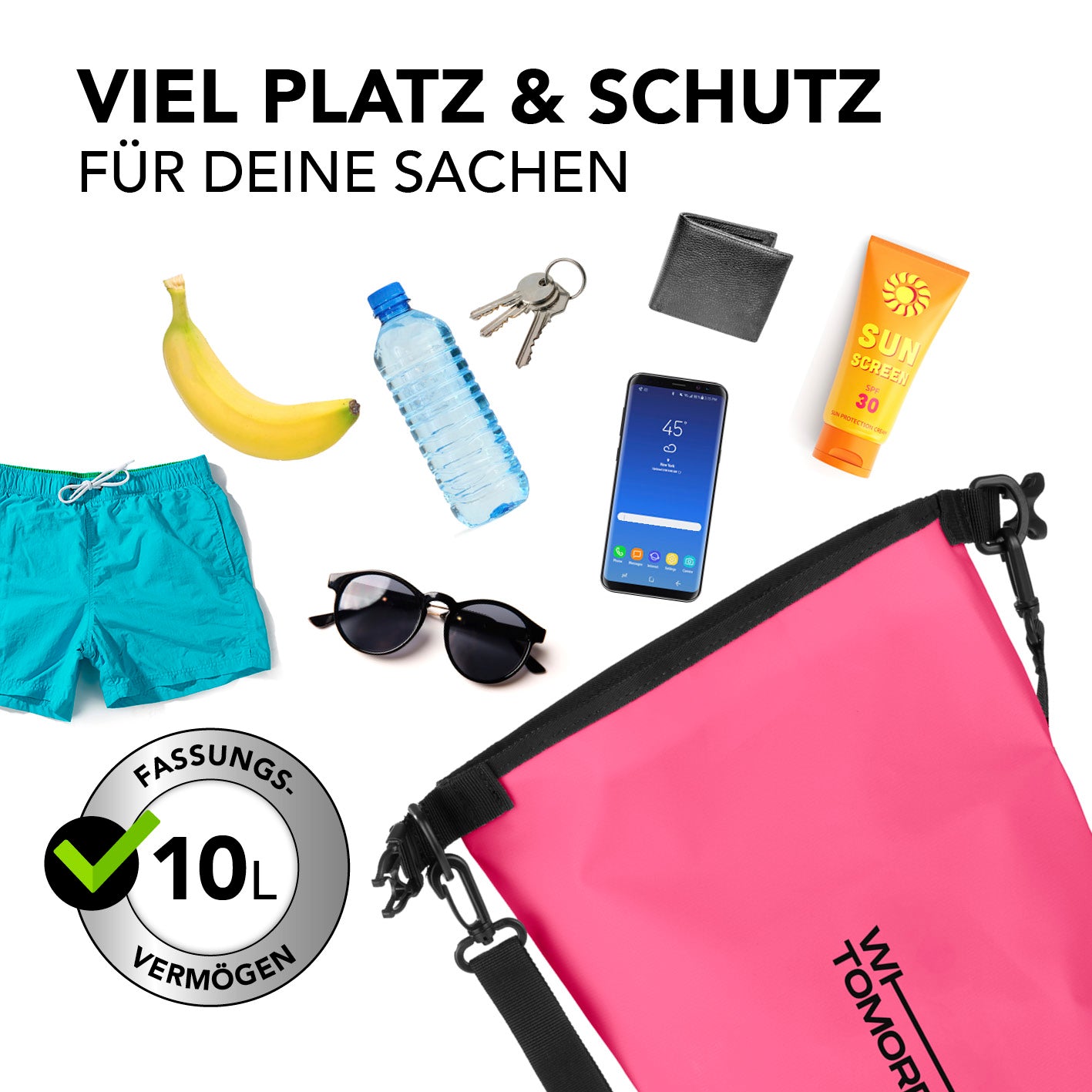Dry Bag 10L - Style 02 - Pink: wasserdichter, robuster Rucksack mit 10L Fassungsvermögen für sicheren Schutz bei Outdoor-Abenteuern.