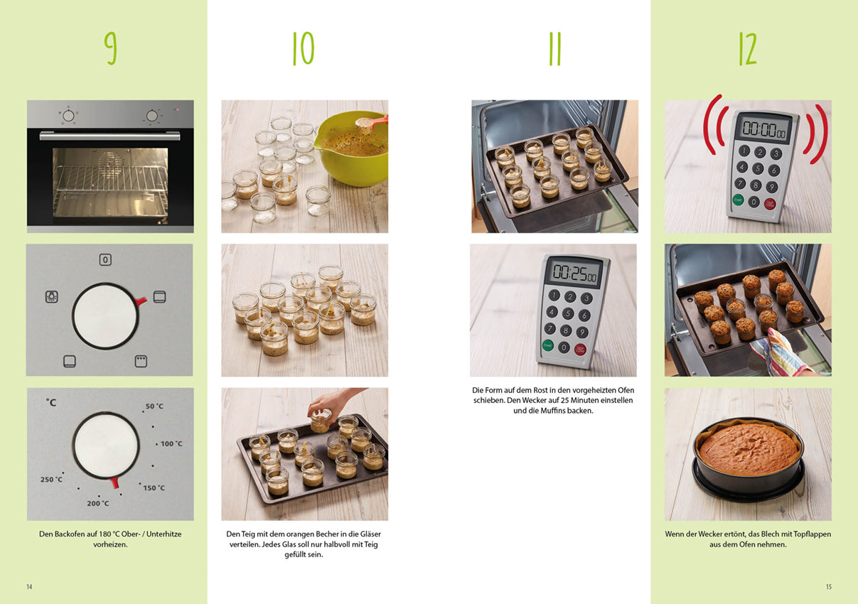 Rezeptbuch (Ergänzungsexemplar ohne Messbecher) - Band 8 - Kreative Motivkuchen zeigt Backofen, Teigportionen und Timer beim Backen.
