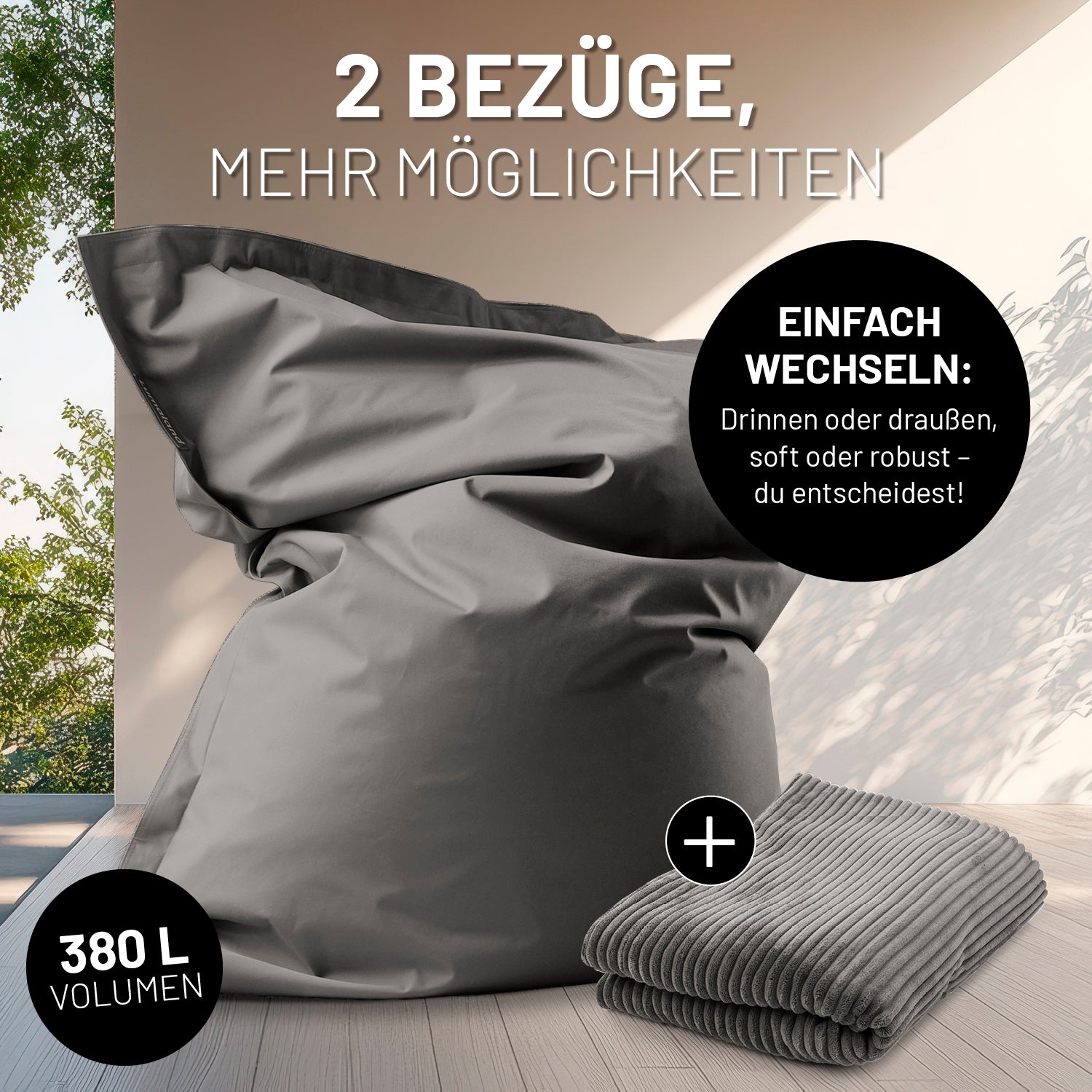 Sitzsack Classic XXL All-in-One Set - 380 L - 140 x 180 cm - Grau mit zwei Bezügen für drinnen und draußen, robust und weich.