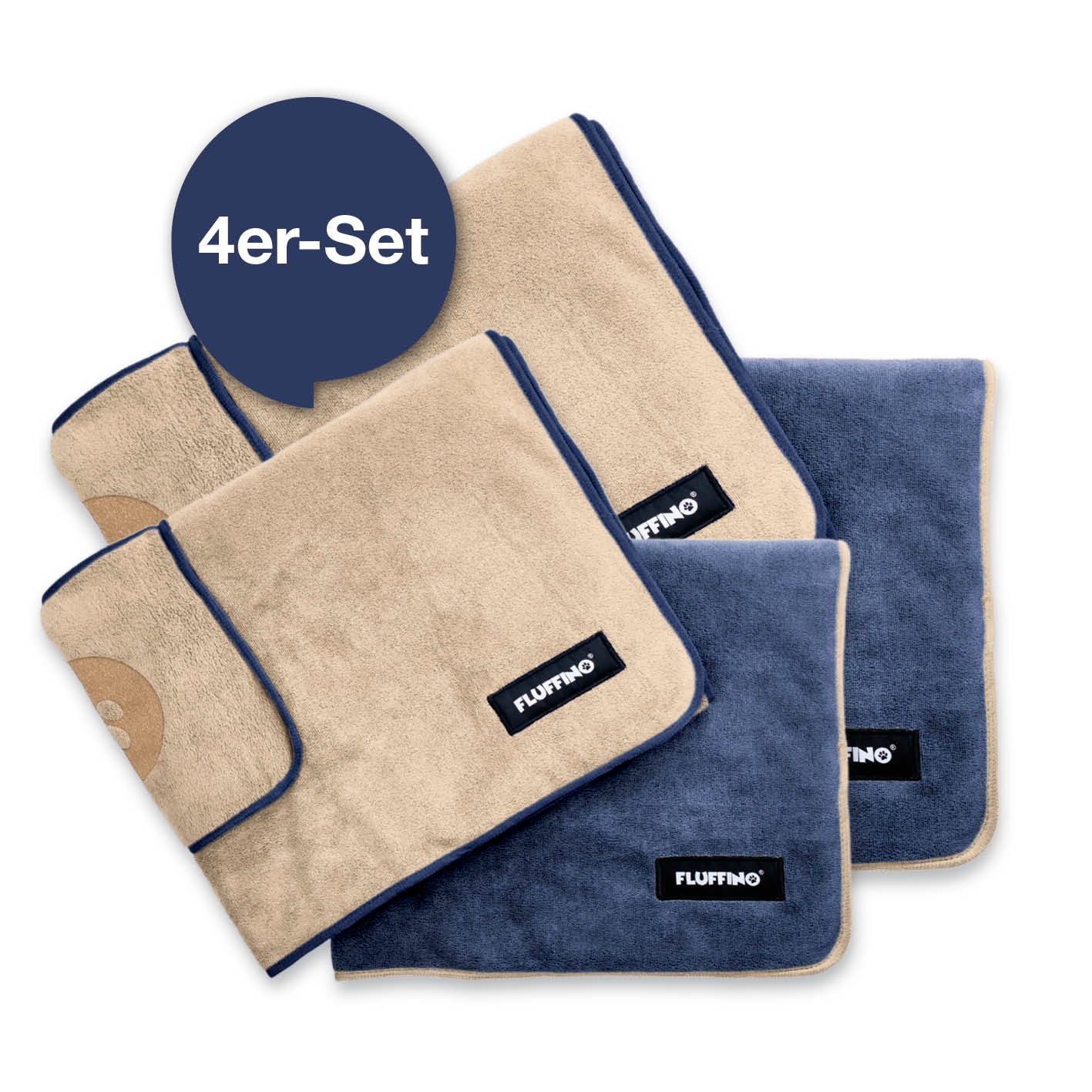 Hundehandtuch Mikrofaser – 4er-Pack Beige & Blau, extra saugfähig, schnell trocknend, für kleine und mittelgroße Hunde.