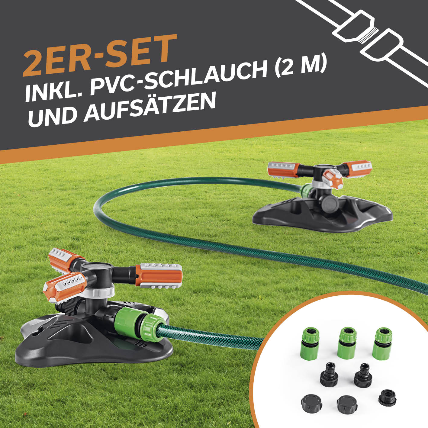 360°-Gartensprinkler - 2er-Set mit 3 rotierenden Armen, 2m PVC-Schlauch und einstellbarer Bewässerung für 75–150 m² Fläche.
