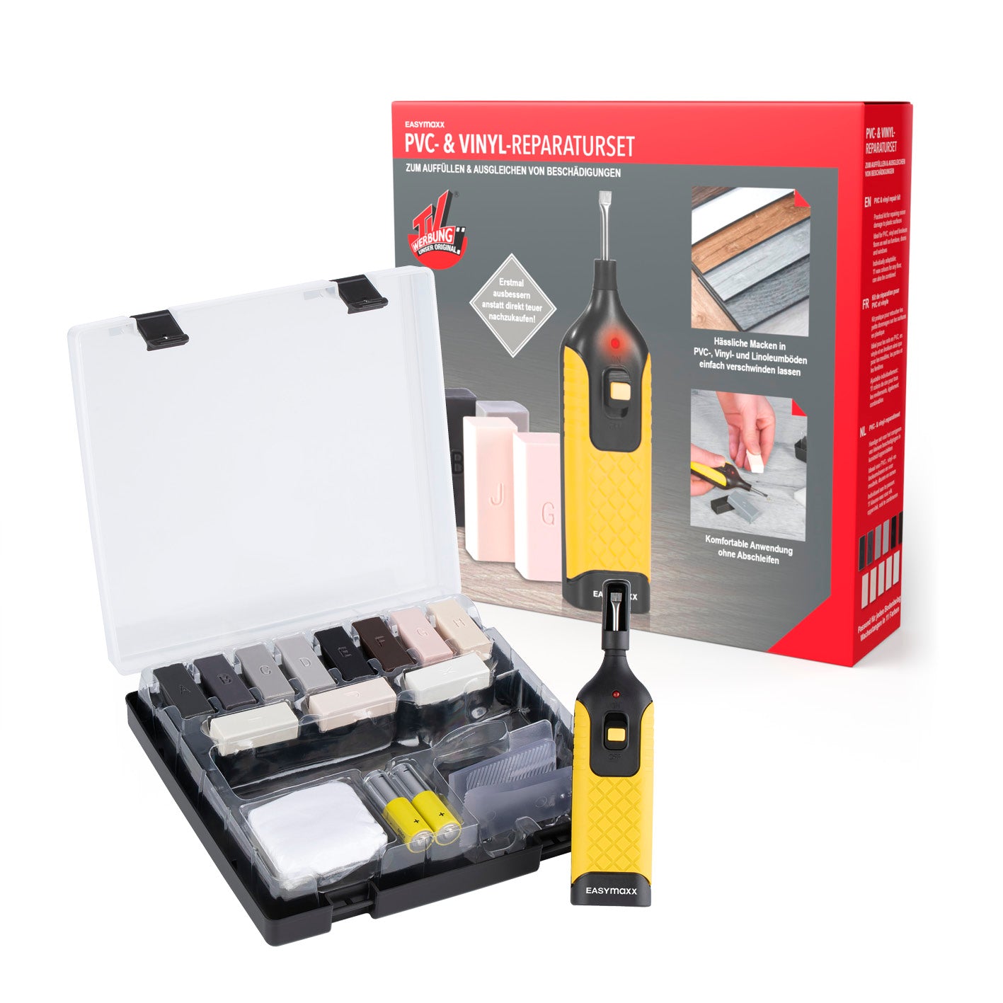 PVC- & Vinyl-Reparaturset - 19-tlg. mit vielseitigen Wachsfarben, Akzenten und batteriebetriebenem Reparaturgerät für Kunststoffoberflächen.