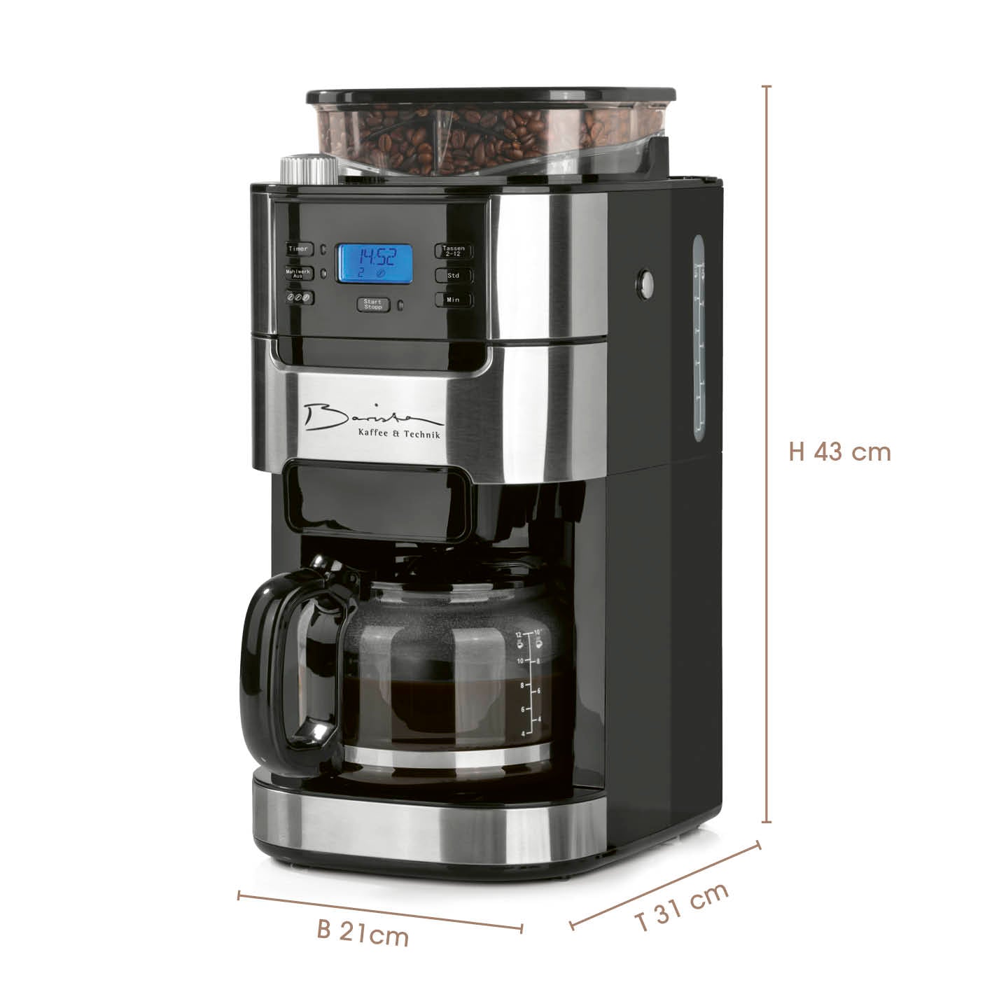 Kaffeemaschine mit Mahlwerk mit 24-Stunden-Timer, LCD-Display und Glaskanne für bis zu 12 Tassen Kaffee