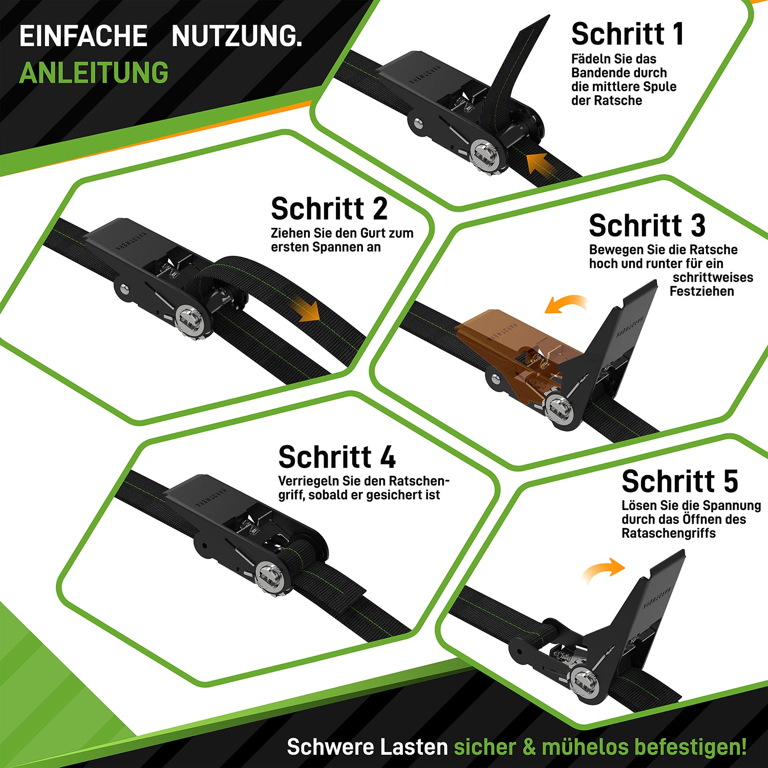 Anleitung zur Nutzung der Spanngurte mit Ratschen - 4er-Set - Schwarz zum sicheren Festziehen und Lösen der Gurte.