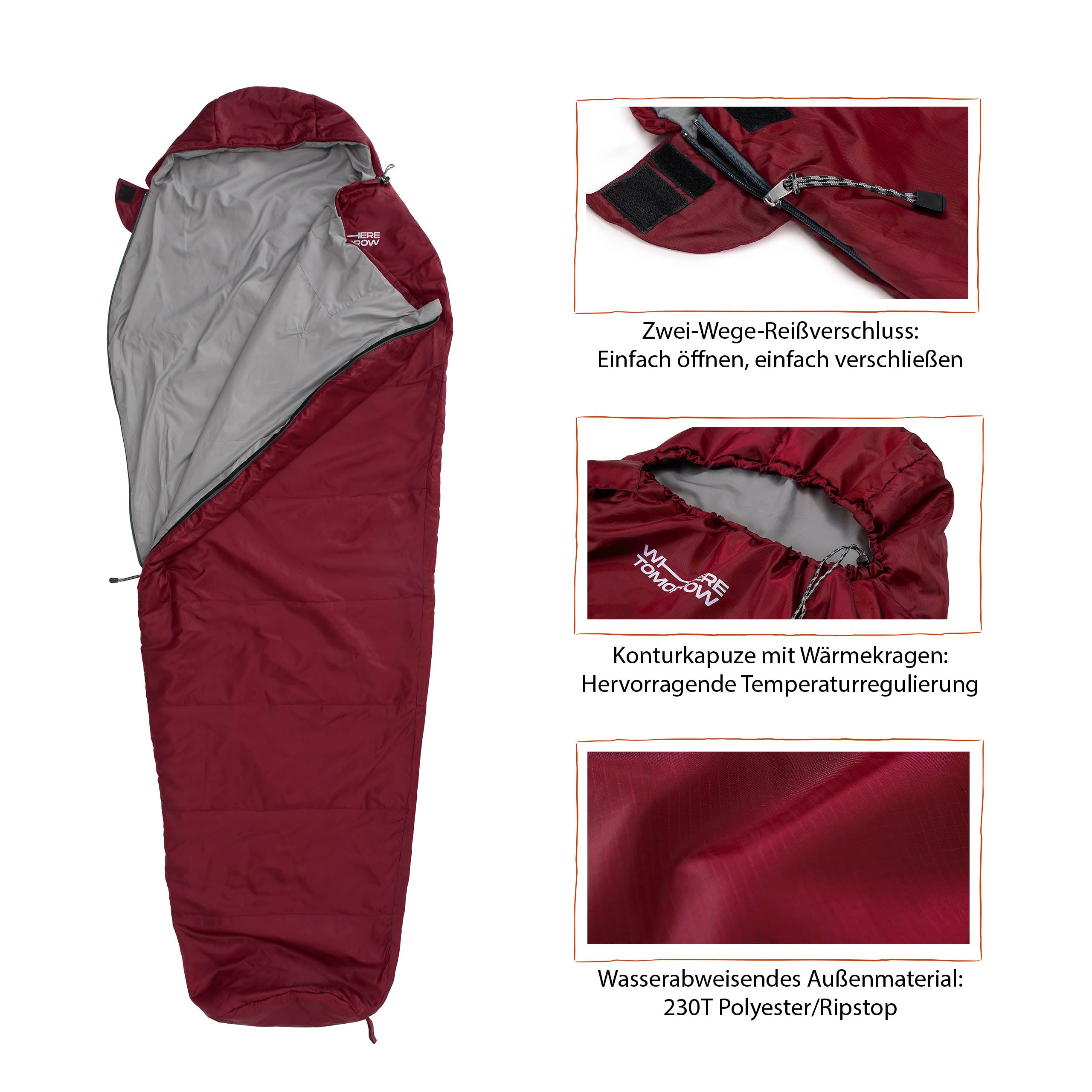 Camping Schlafsack Small & Light Mumienschlafsack rot mit wasserabweisendem Außenmaterial, Konturkapuze und Wärmekragen, 220 x 80 x 50 cm.