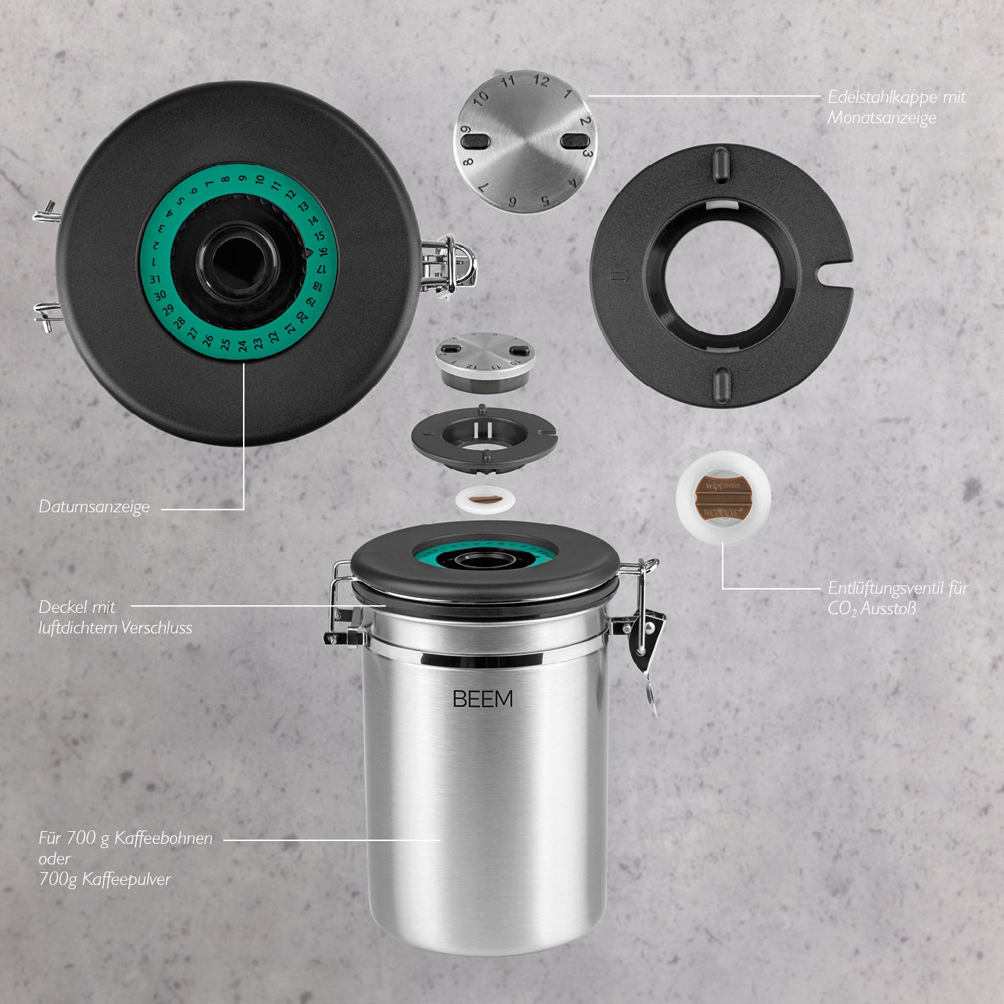 KAFFEEDOSE Vorratsdose mit Dosierlöffel - 1,9 l - 3er-Set aus Edelstahl mit luftdichtem Bügelverschluss und Datum Anzeige.