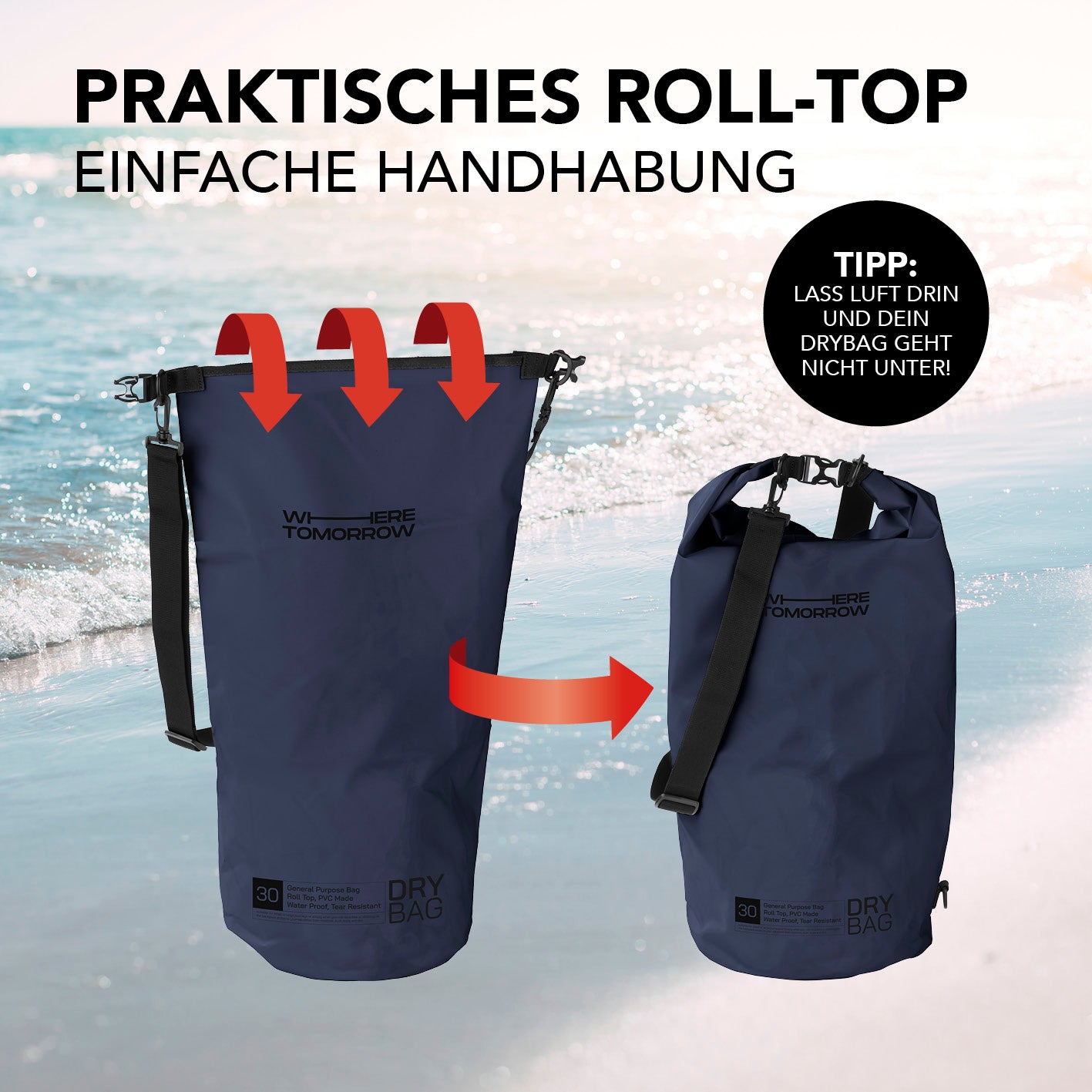 Dry Bag 30L - Style 01 - Dunkelblau mit wasserdichtem Rolltop-Verschluss und verstellbarem Schultergurt, ideal für Outdoor-Abenteuer.
