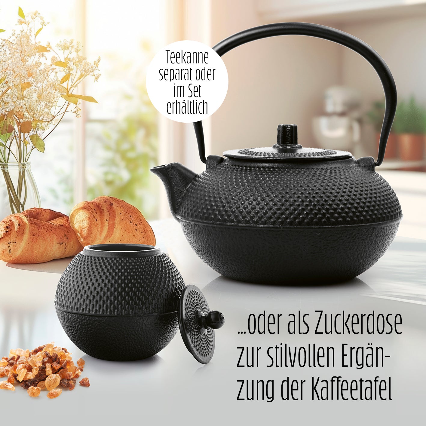Teedose aus Gusseisen - Aufbewahrungsbox für Tee - 750 ml - Schwarz mit emaillierter Oberfläche und abnehmbarem Deckel für Aromaschutz.