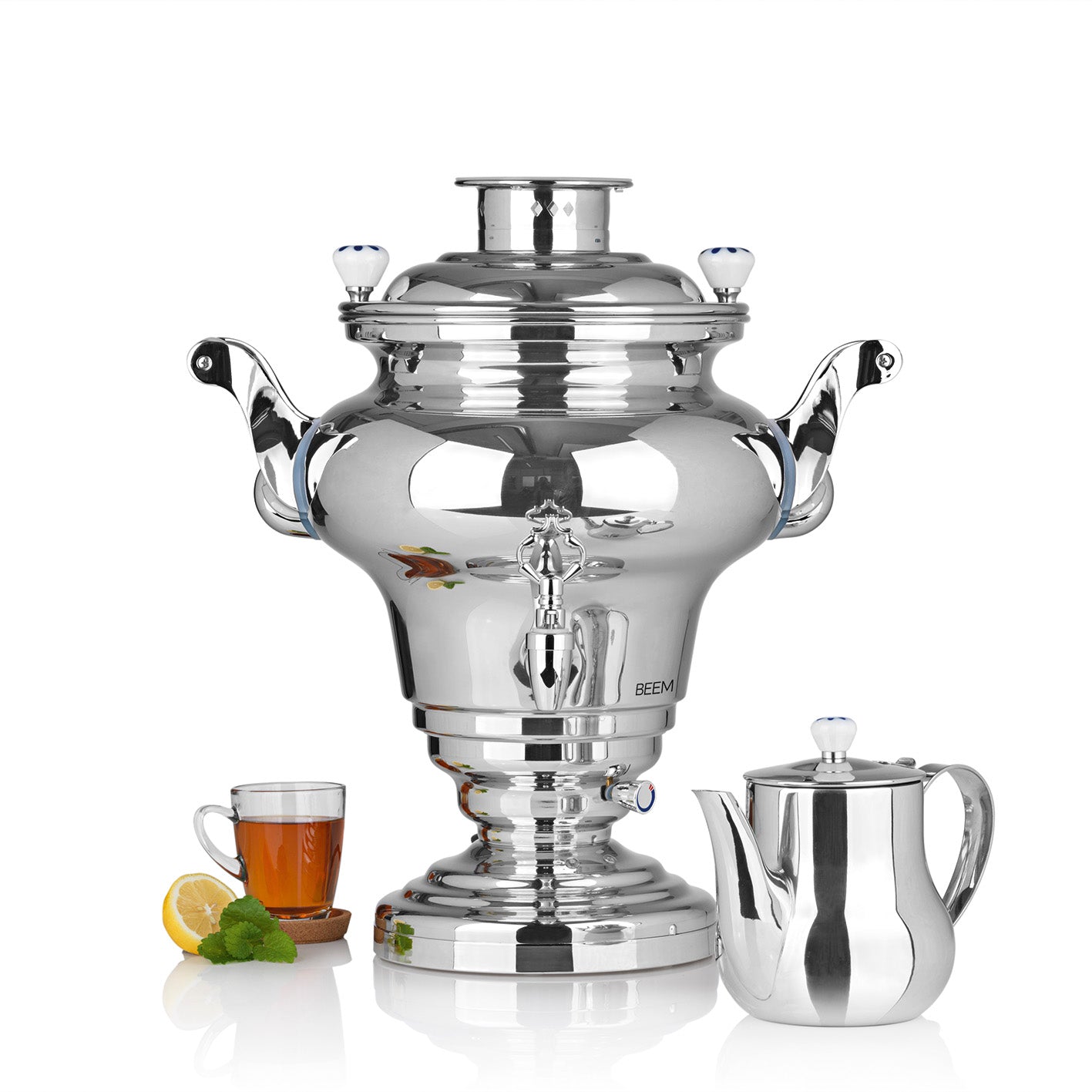 Samowar Royal III - 15l Edelstahl elektrischer XL-Samowar mit Wasserablasshahn und großer Teekanne für Teezubereitung.