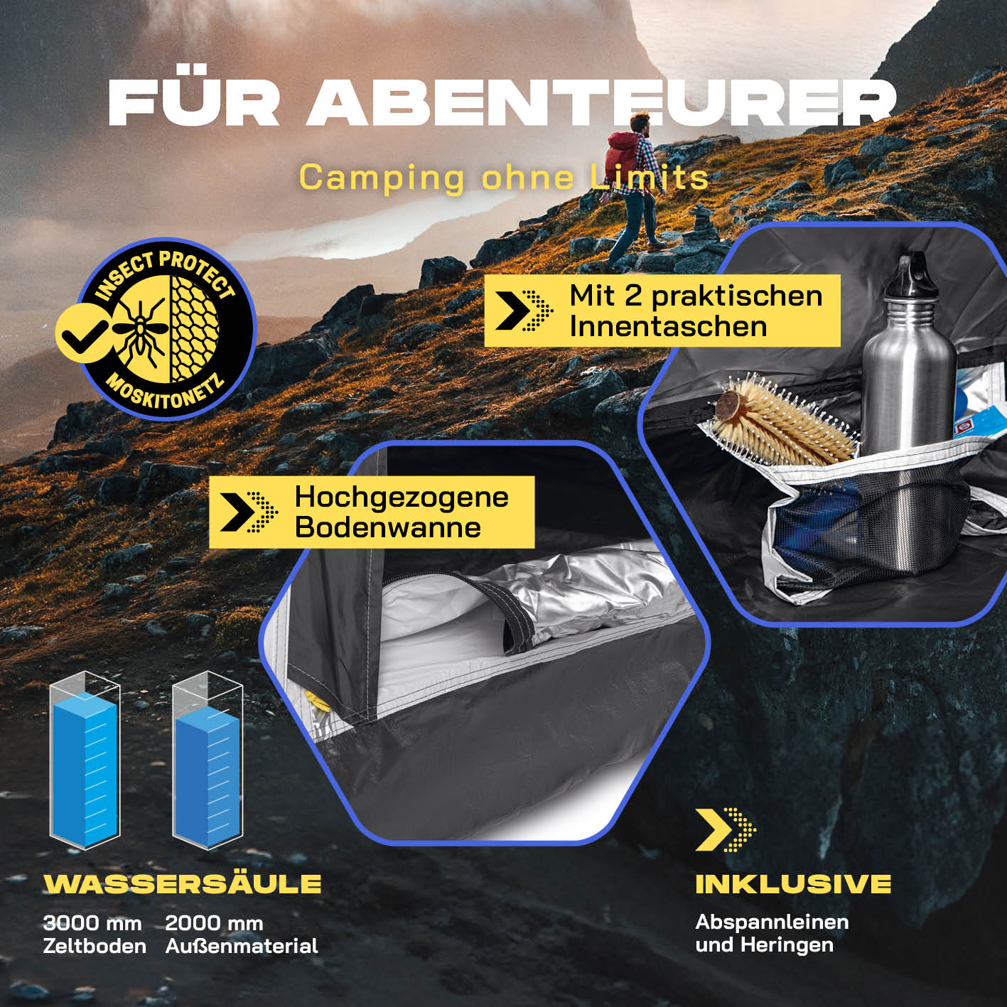 Pop-up-Wurfzelt für 4 Personen mit Kühleffekt - weiß/schwarz, mit Moskitonetz, bodenwanne und praktischen Innentaschen.