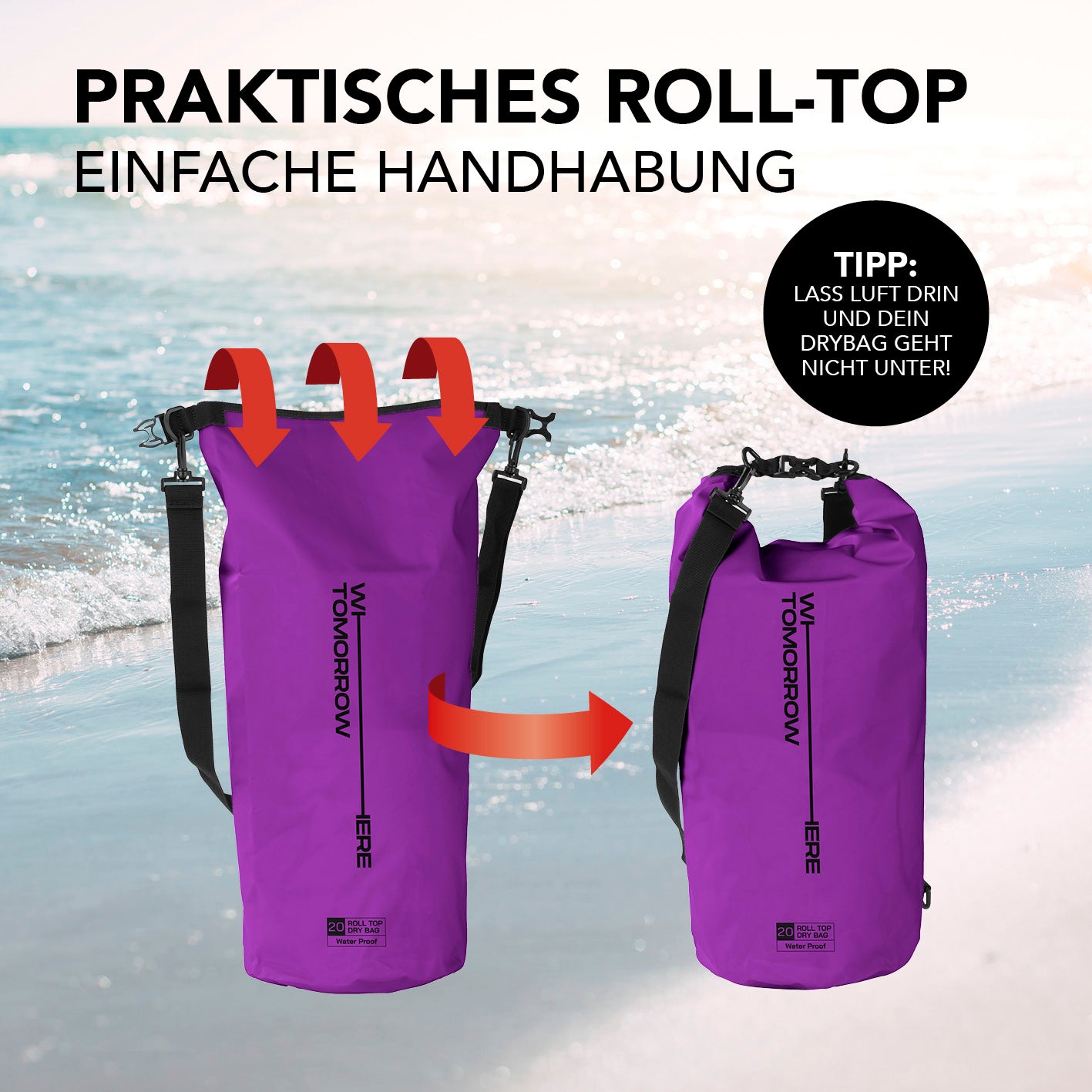 Dry Bag 20L - Style 02 - Lila mit praktischem wasserdichtem Rolltop-Verschluss für sicheren Schutz bei Outdoor-Abenteuern.