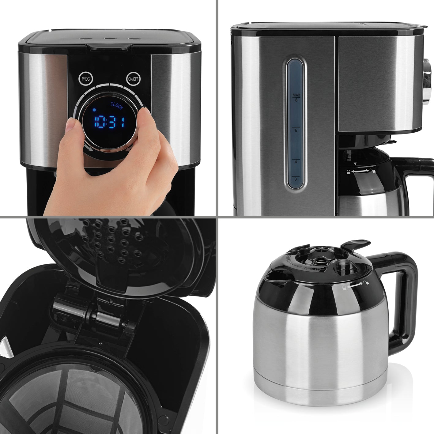 Kaffeemaschine Fresh-Aroma-Switch Thermo mit LED-Touch-Display, Timer, drehbarem Bedienfeld und doppelwandiger Isolierkanne.