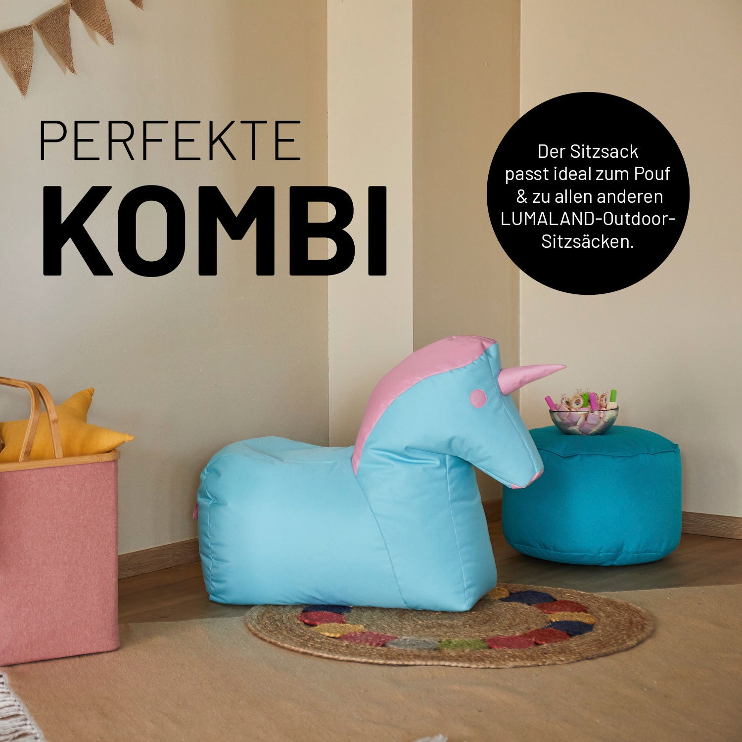 Kindersitzsack Animal Line Einhorn (120 L) in Türkis/Pastell Pink, kuschelig, wasserabweisend, für drinnen und draußen geeignet.