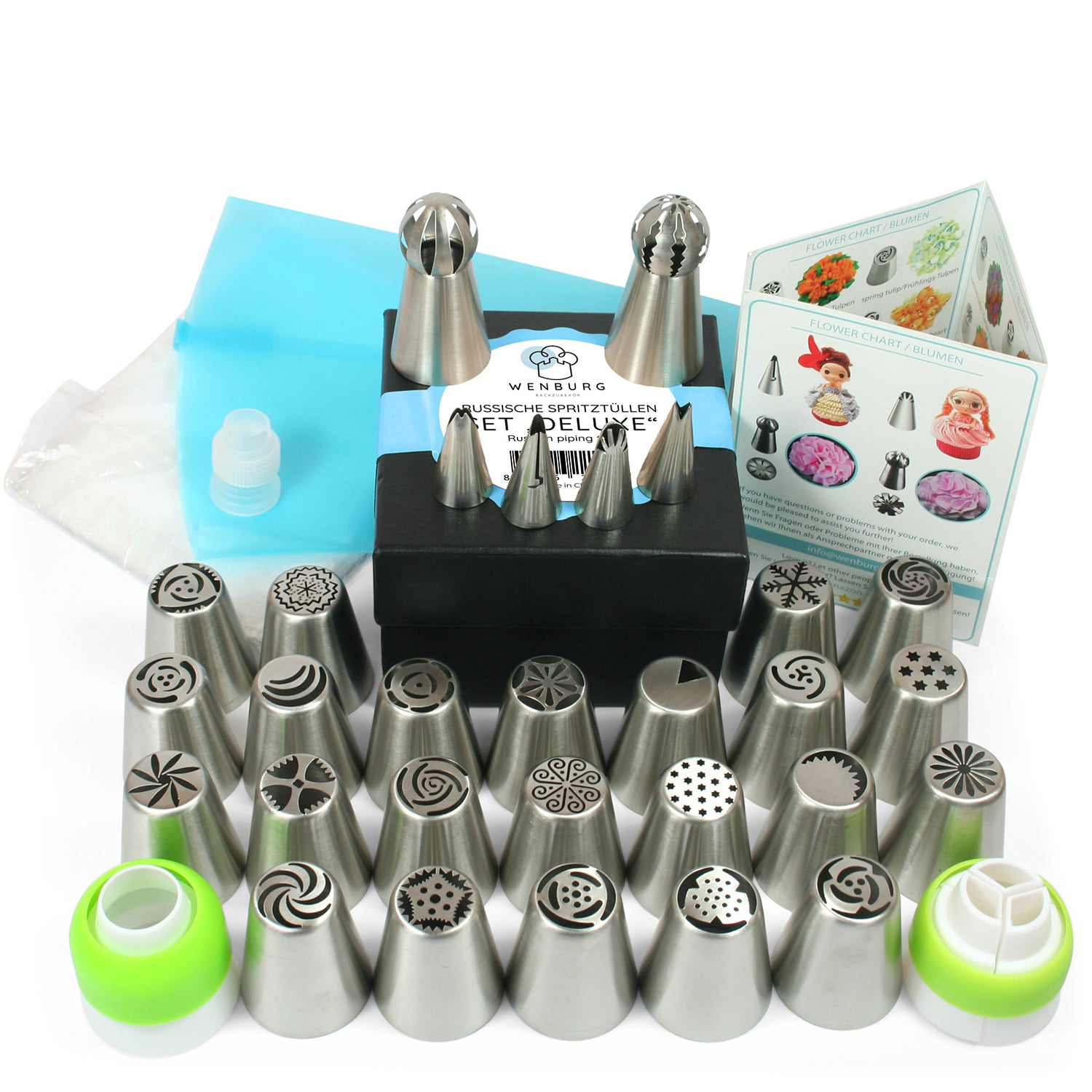 Spritztüllen-Set - 29-teilig mit Edelstahl-Tüllen, Adaptern, Einweg-Spritzbeuteln und Anleitung für vielseitiges Dekorieren von Kuchen und Torten.