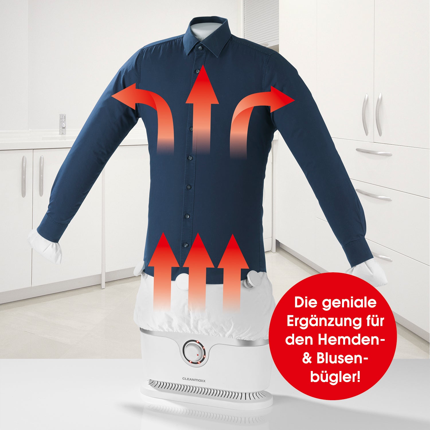 Bügler-Aufsatz für Hosen - silber/weiß trocknet und bügelt Hosen automatisch schonend und zeitsparend in einem Schritt.