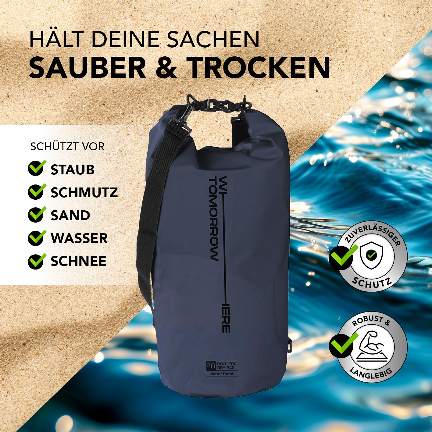 Dry Bag 20L - Style 02 - Dunkelblau, wasserdichter, robuster Outdoor-Rucksack schützt vor Staub, Sand, Wasser und Schnee.