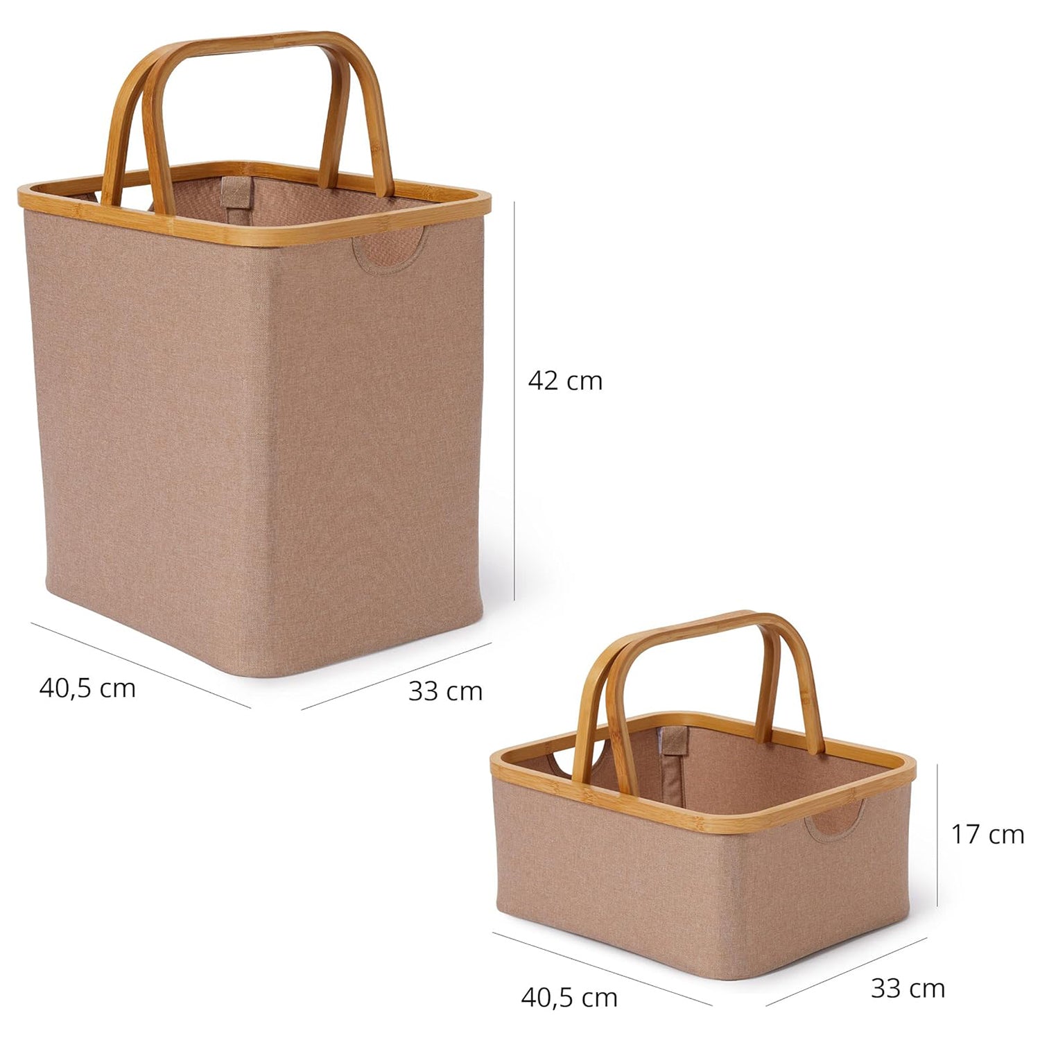 Bambus-Rahmen-Aufbewahrungskorb - 2er-Set in Taupe, faltbare Körbe mit Bambusrahmen und Henkel, verschiedene Größen.