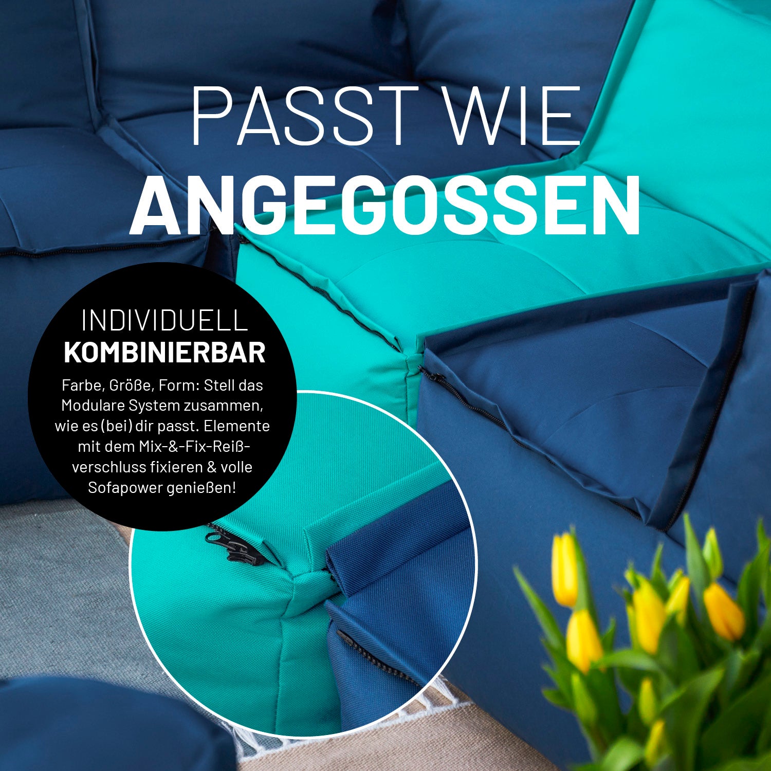 Sitzsack-Sofa Ecke (340 L) in Türkis, modulares System mit Mix-&-Fix-Reißverschluss, indoor & outdoor, extrastark und pflegeleicht.