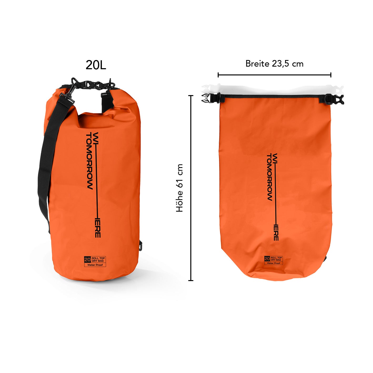 Dry Bag 20L - Style 02 - Orange, wasserdichter Outdoor-Rucksack mit UV-Schutz und robustem Rolltop-Verschluss, 61x23,5 cm.