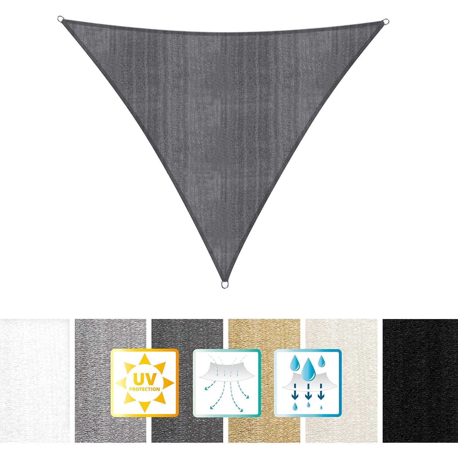 Sonnensegel 100% HDPE - Dreieck 3 x 3 Meter - dunkelgrau, wetterfest, atmungsaktiv, UV-beständig, vielseitig als Sicht- und Sonnenschutz.