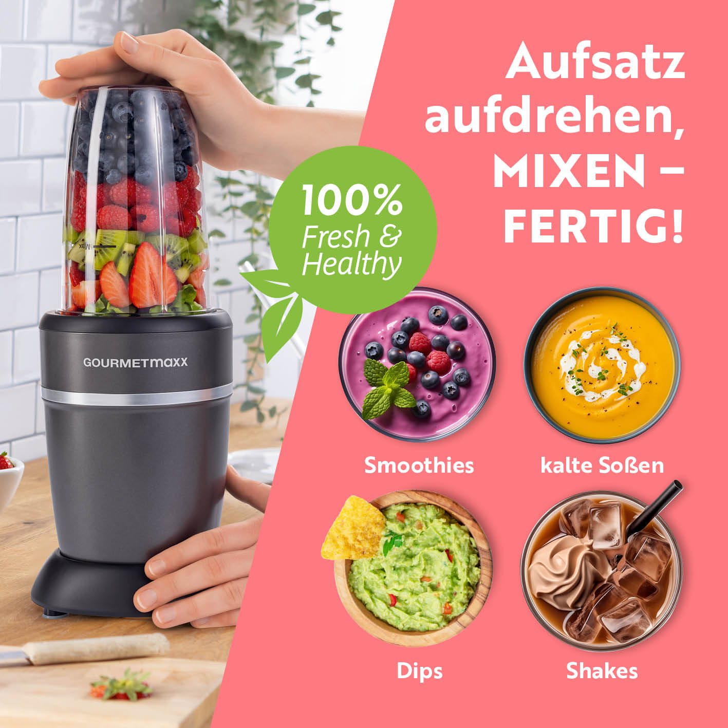 Nutrition Mixer Pro 1.000 mit Basis-Set M - Anthrazit/Schwarz beim Mixen von frischen Smoothies, Dips, kalten Soßen und Shakes.