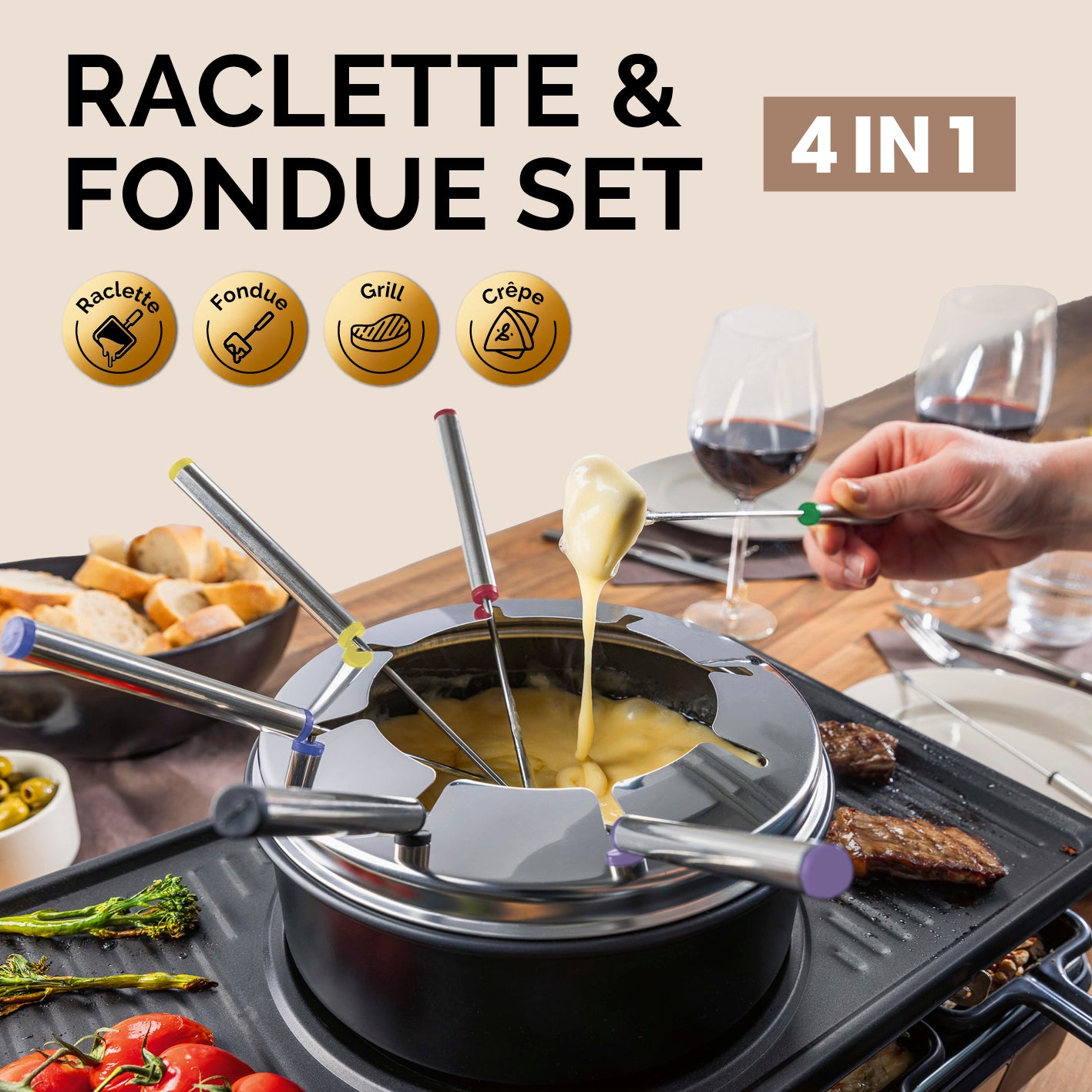 Raclette- und Fondue-Set - 8 Personen mit 4in1 Grillplatte, Fonduetopf und Pfännchen für gemeinsames Essen.
