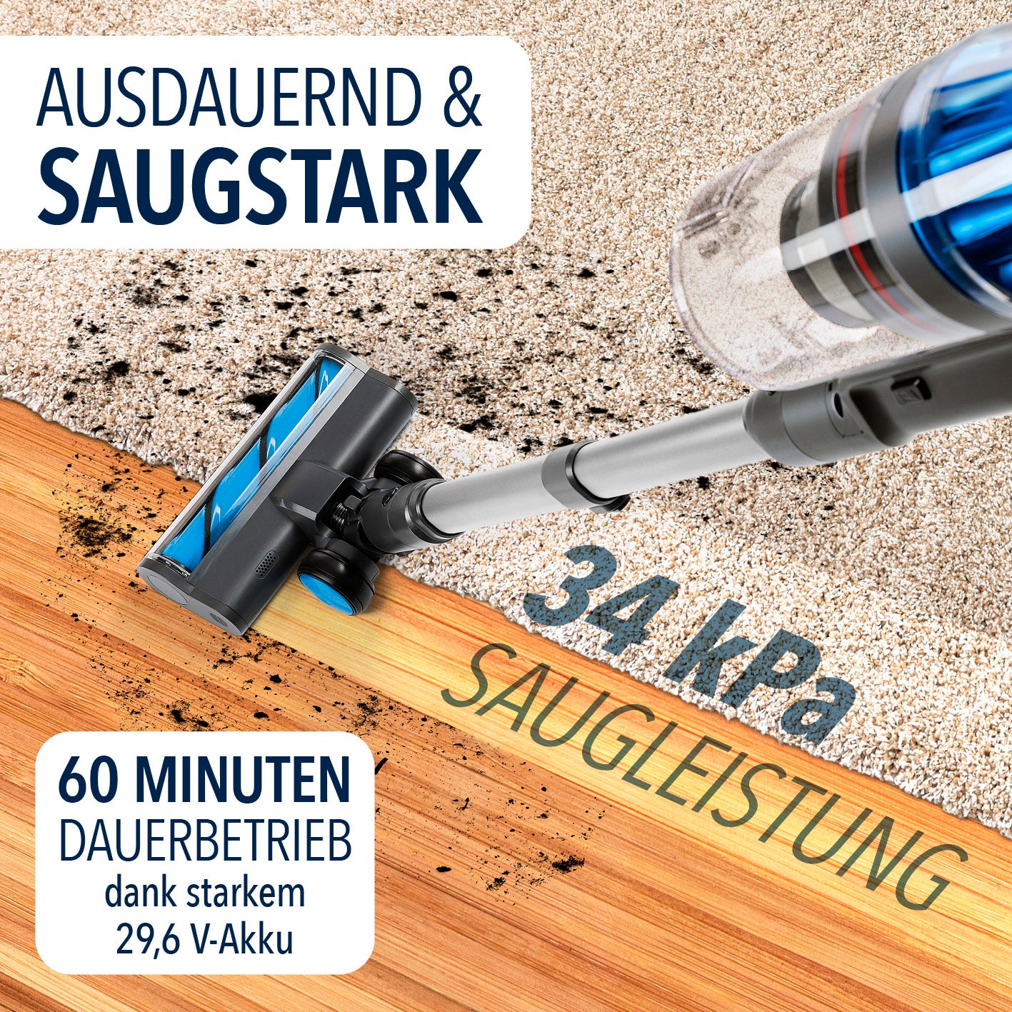 AeroTech 500 Staubsauger mit Absaugstation – Grau-Silber zeigt 34 kPa Saugleistung und 60 Minuten Akkulaufzeit für starke Reinigung.