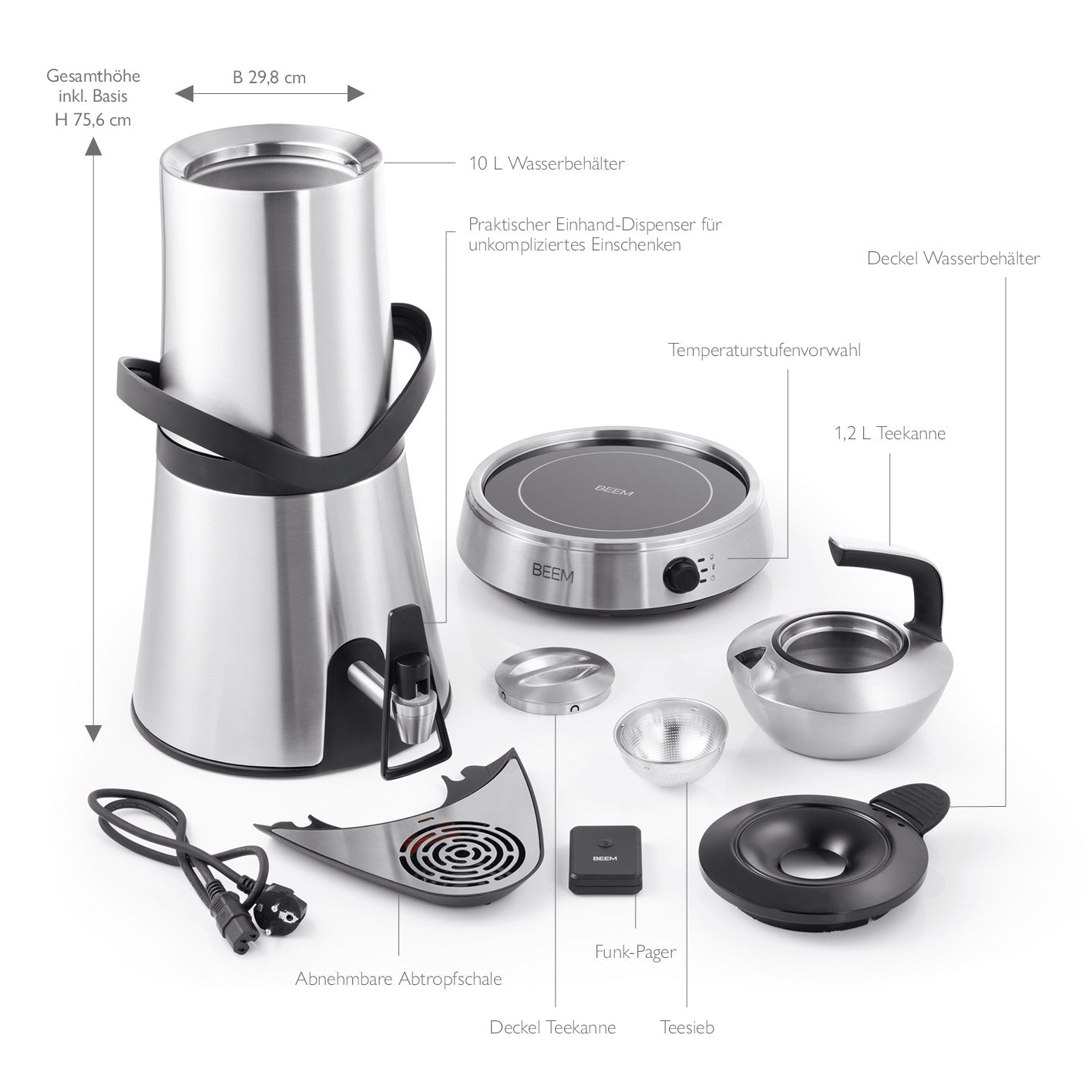 Samowar Amira mit Dispenser 10 l - Edelstahl mit Einhand-Dispenser, 1,2 l Teekanne, Induktionsbasis und Funk-Pager für Hotel und Gastro.