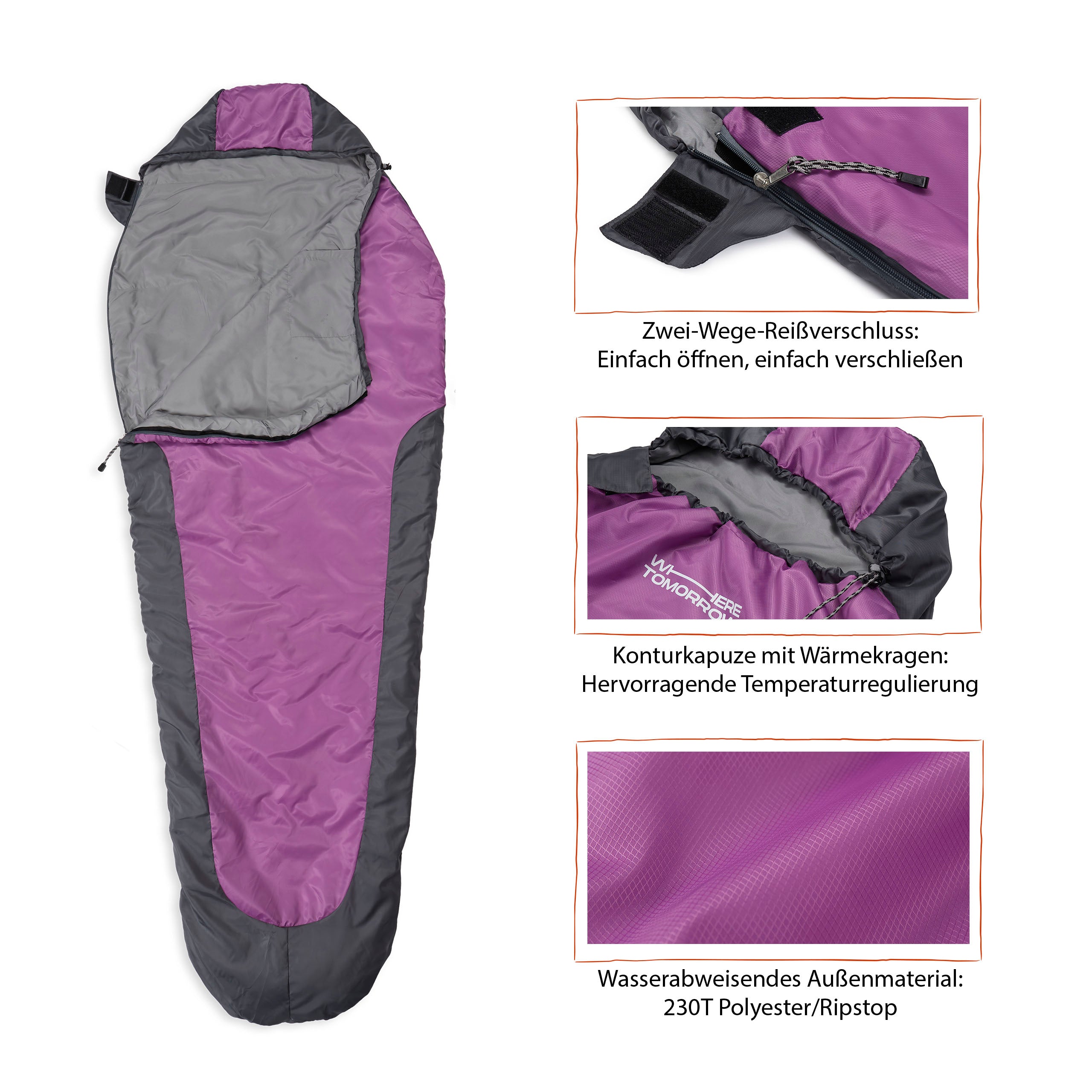 Camping Schlafsack Small & Light Mumienschlafsack grau-lila mit wasserabweisendem Material, Konturkapuze und praktischem Packsack, 220 x 80 x 50 cm.