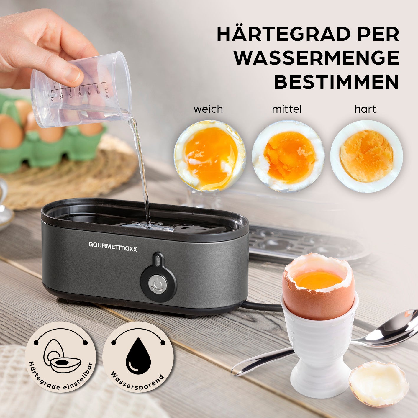 Design-Eierkocher 3 Eier - Anthrazit zeigt Wassermenge zur Härtegradwahl für weich, mittel und hart gekochte Eier.