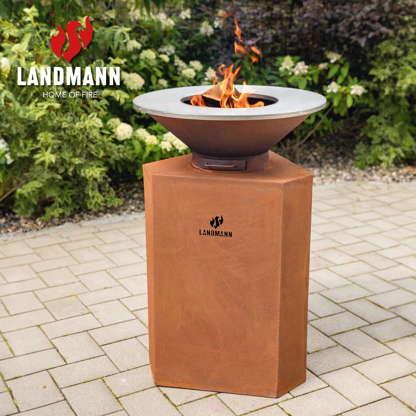 Feuerschale aus Cortenstahl mit Standfuß - 60 cm mit Rost-Design und praktischem Ascheschublade für Garten und Grillabende.