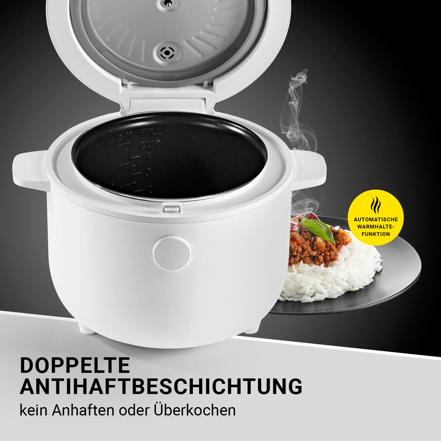 Digitaler Reiskocher mit doppelter Antihaftbeschichtung, Touch-Display und automatischer Warmhaltefunktion für perfektes Kochen.