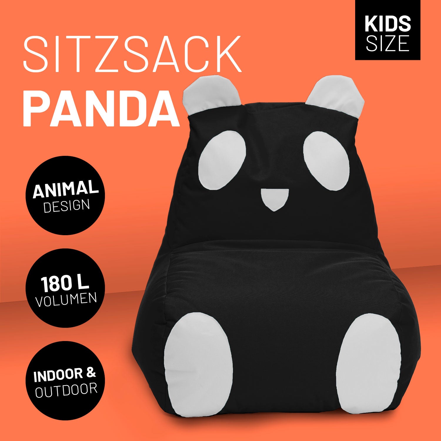 Kindersitzsack Animal Line Panda (180 L) – kuschelig, wasserabweisend, robust, für drinnen und draußen in Schwarz/Weiß.