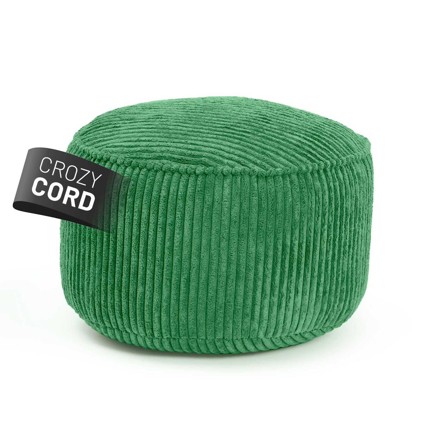 Sitzsack Pouf aus der Cord-Reihe - Dunkelgrün mit geripptem Stoff, vielseitig als Hocker, Schemel und Ablage nutzbar.