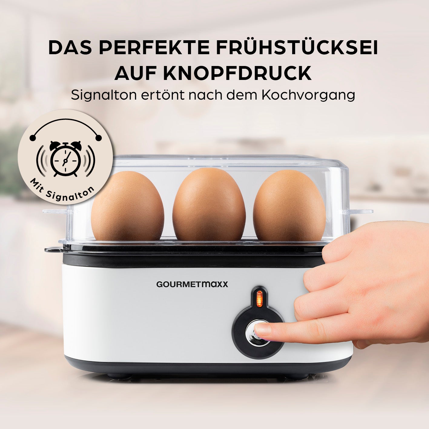 Design-Eierkocher 3 Eier - Weiß mit Signalton, perfekt für Eier in drei Härtegraden, einfache Bedienung per Knopfdruck.